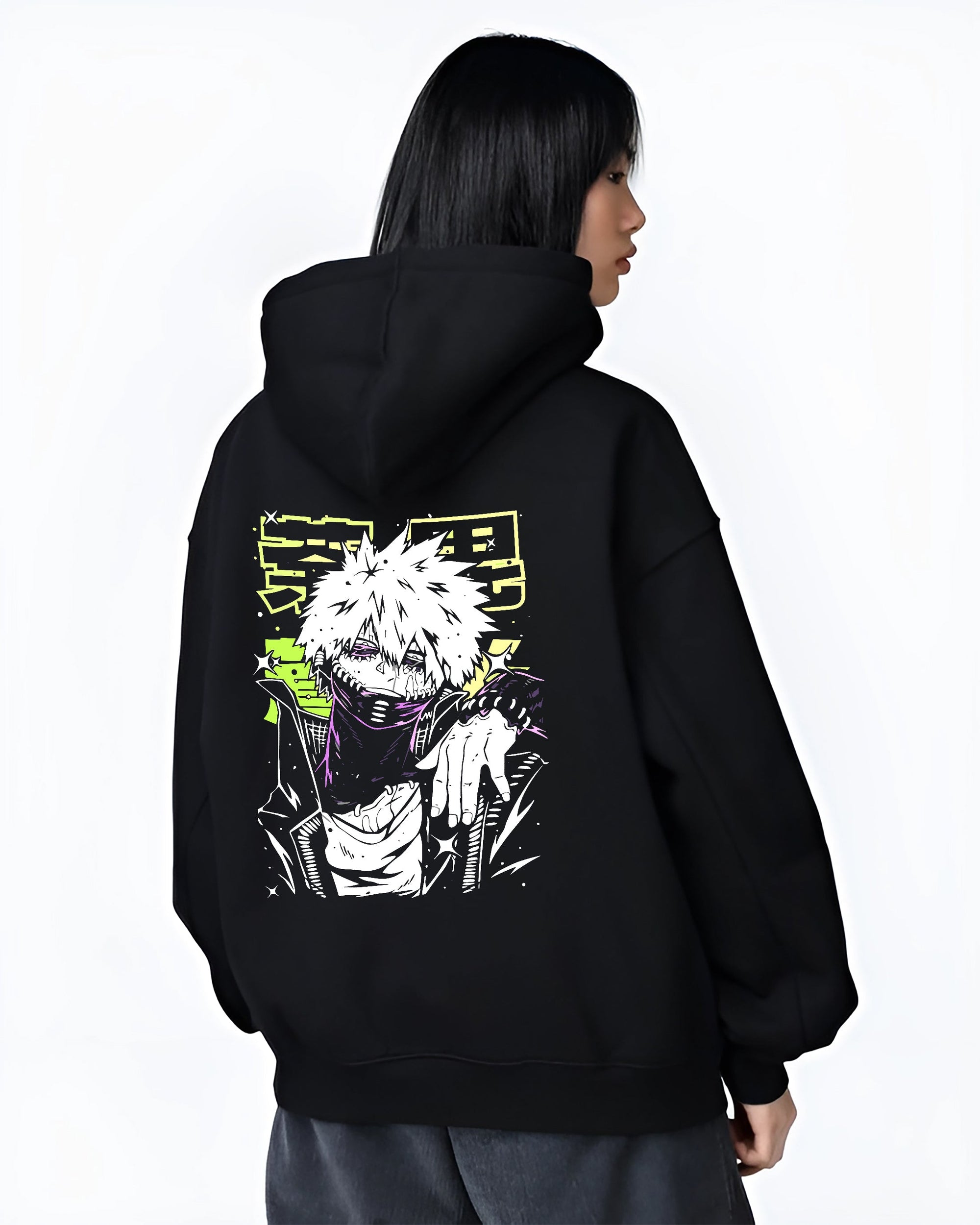 Black hoodie worn by a female model, back view, featuring Dabi My Hero Academia dark manga panel design with striking villain artwork in urban fashion back graphic.