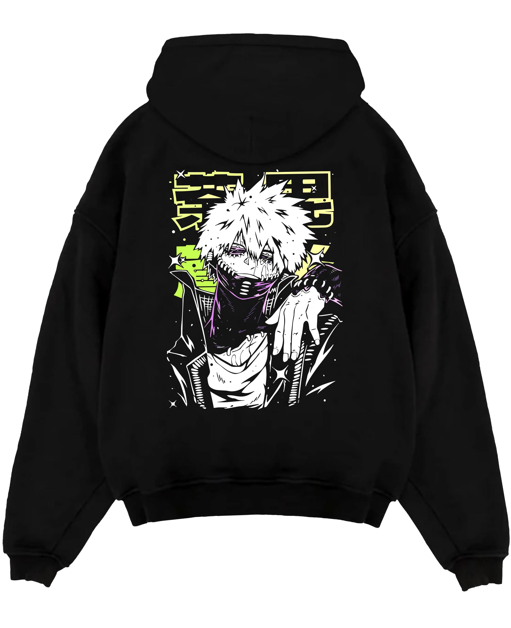 Black pullover hoodie laid flat on a white background, featuring Dabi My Hero Academia anime poster inspired artwork with dark manga panel style and neon accents.