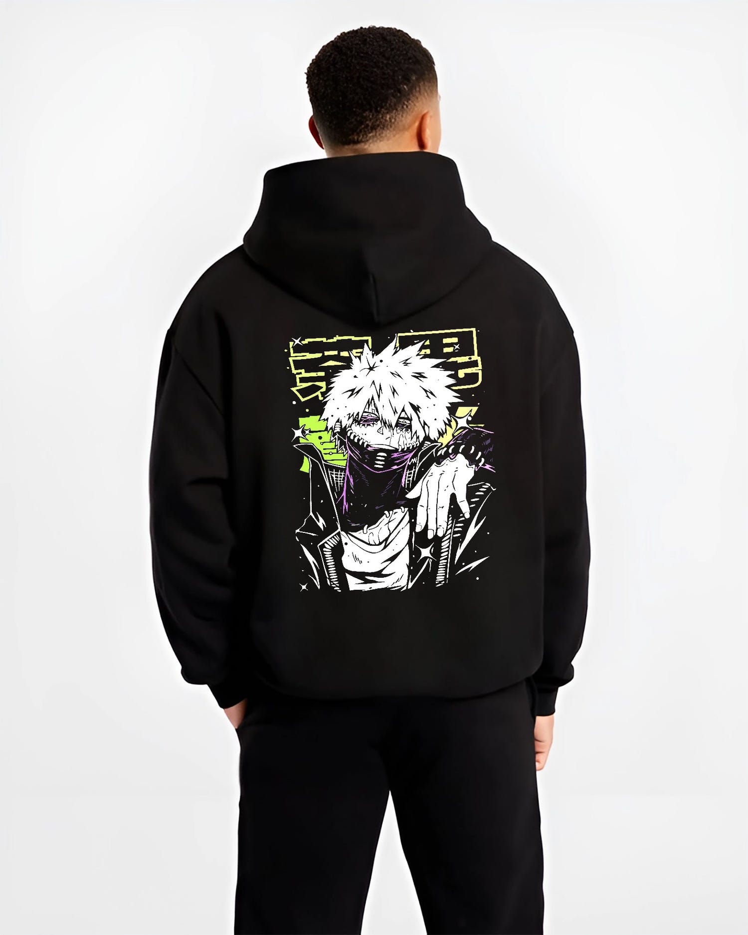 Black hoodie worn by a male model, back view, featuring Dabi My Hero Academia retro manga inspired graphic with eerie villain stance and Japanese animation streetwear.