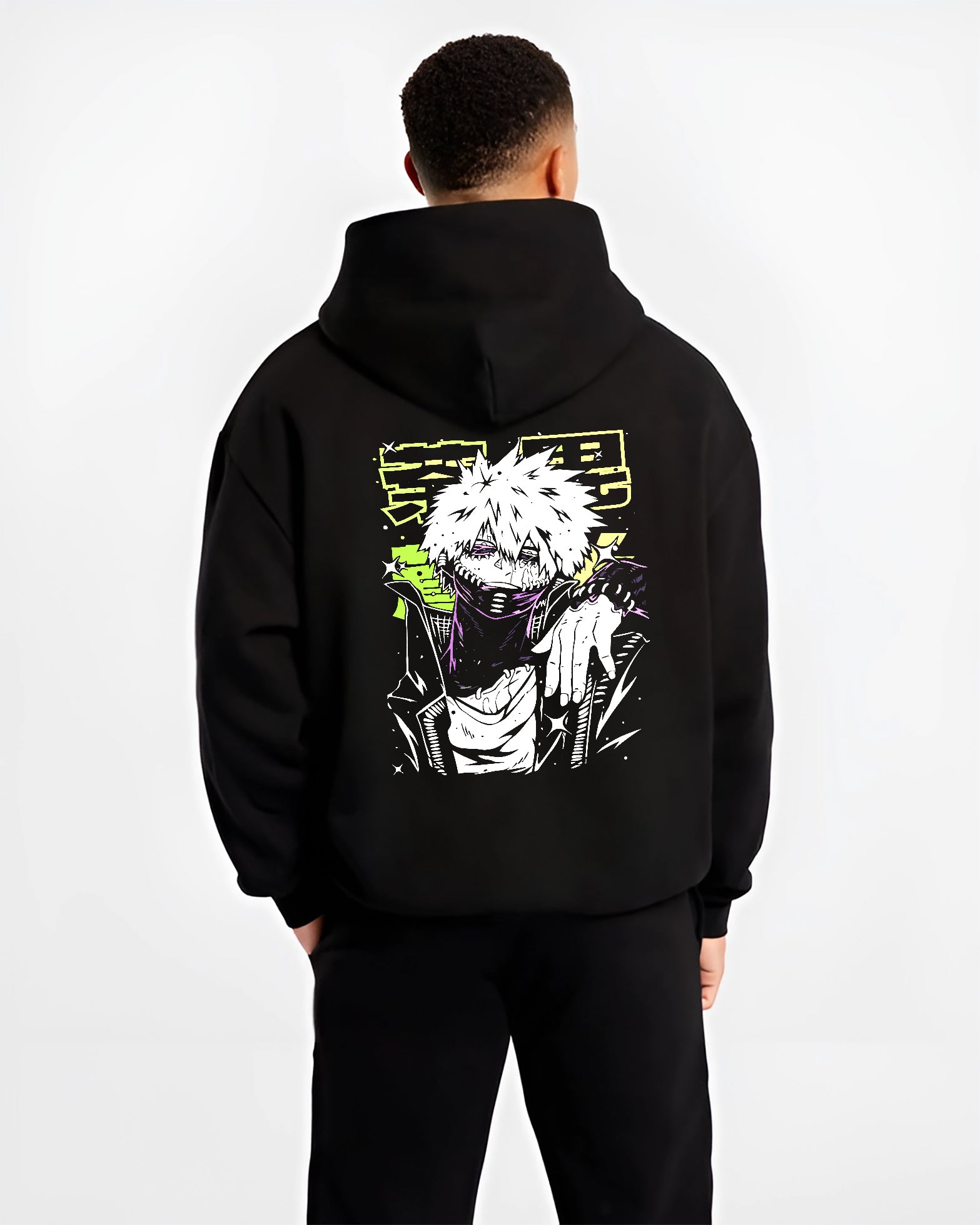 Black hoodie worn by a male model, back view, featuring Dabi My Hero Academia retro manga inspired graphic with eerie villain stance and Japanese animation streetwear.