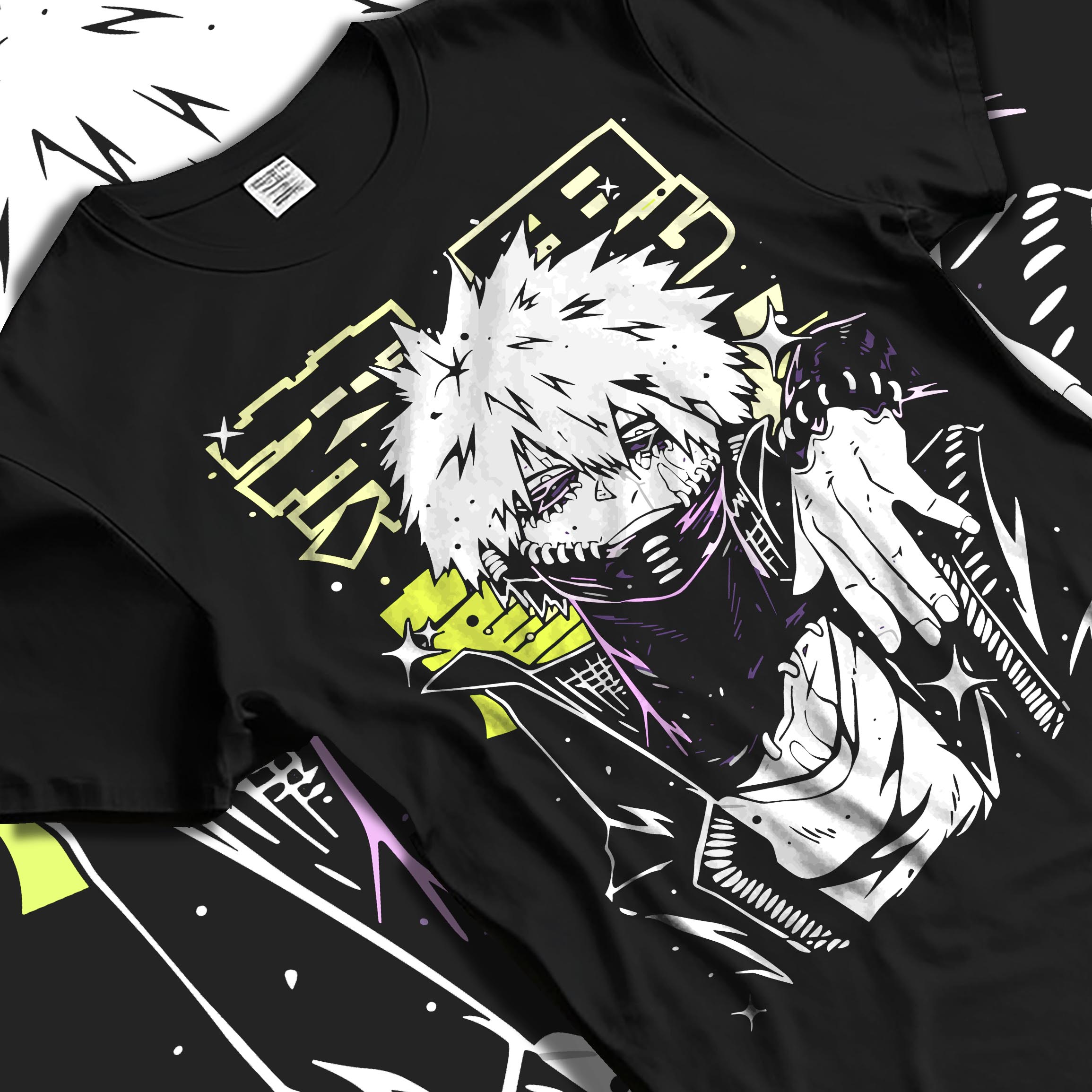 Black T-shirt laid flat with natural fabric folds, featuring Dabi My Hero Academia retro manga graphic with eerie villain presence and glowing urban streetwear design.