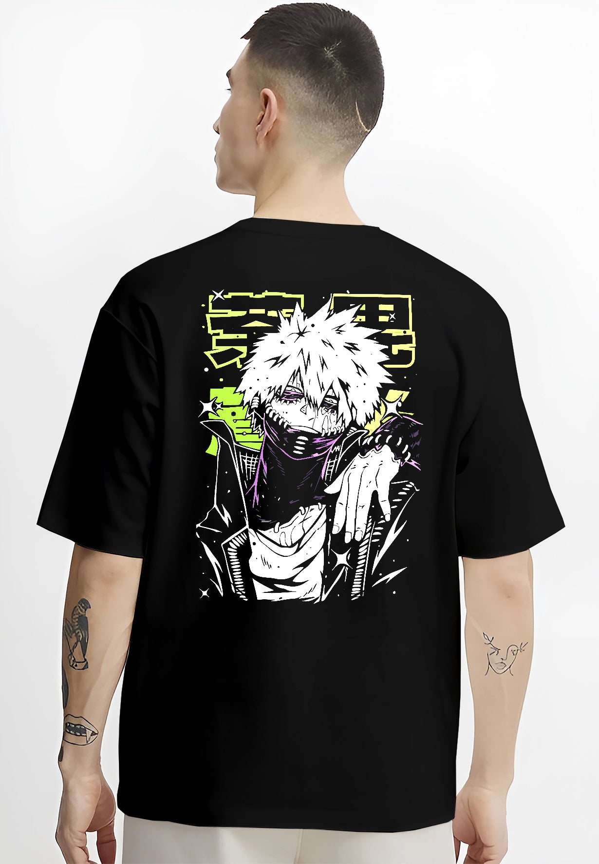 Black T-shirt worn by a male model, back view, featuring Dabi My Hero Academia anime poster inspired villain artwork with neon glow details in retro manga style.