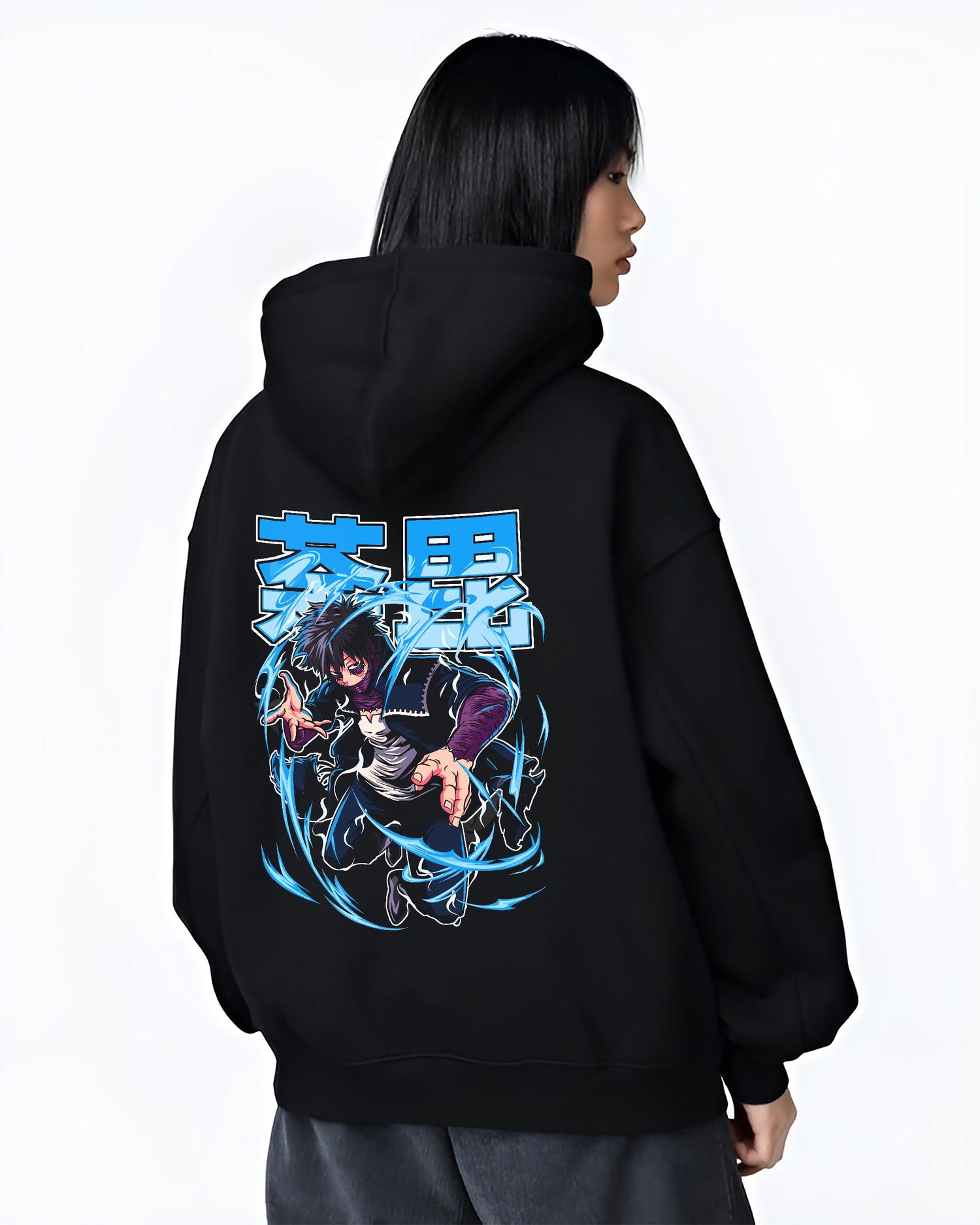 Black hoodie worn by a female model, back view, featuring Dabi My Hero Academia retro manga inspired artwork with bright flame aura in urban fashion back design.
