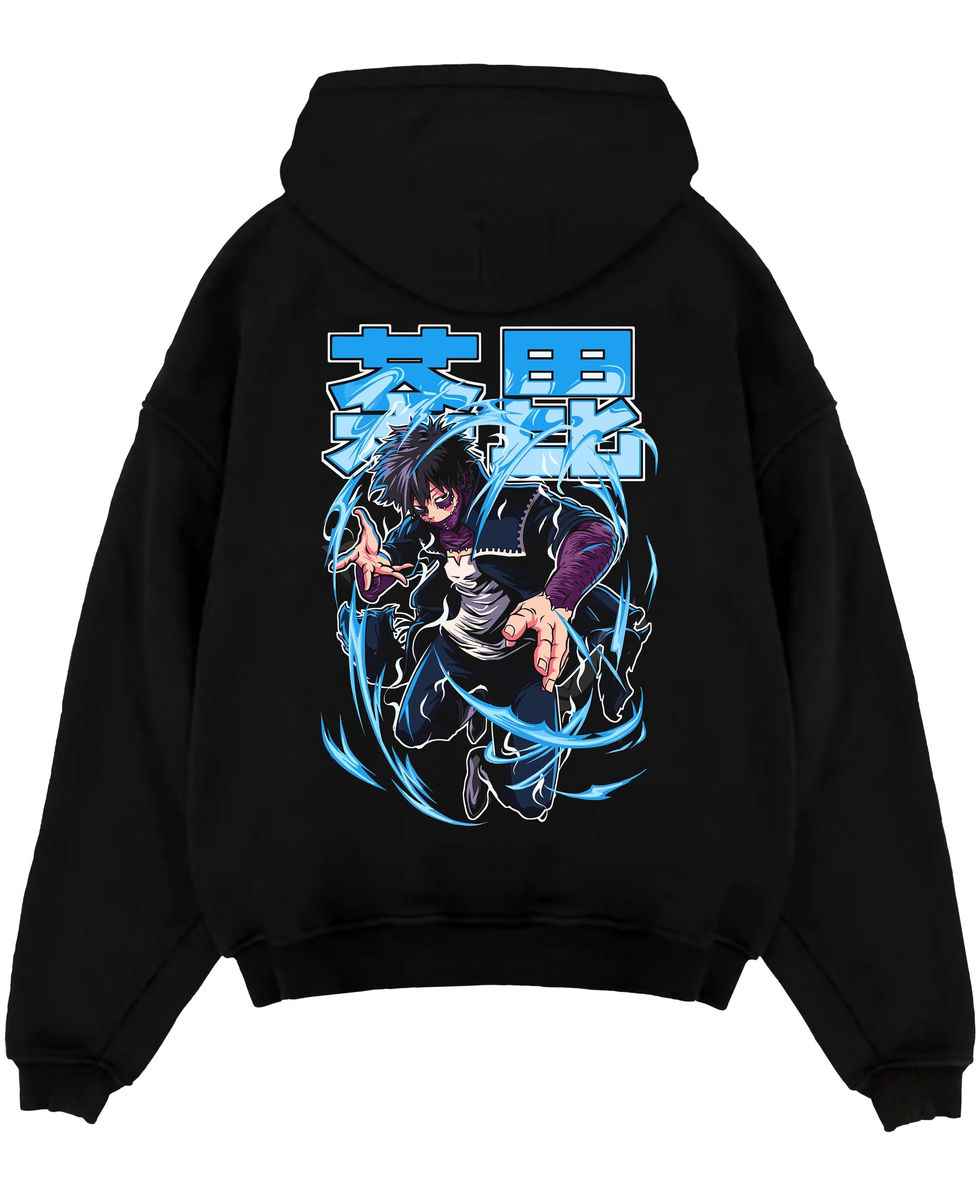 Black pullover hoodie laid flat on a white background, featuring Dabi My Hero Academia anime poster inspired artwork with blue flame energy in retro manga style.