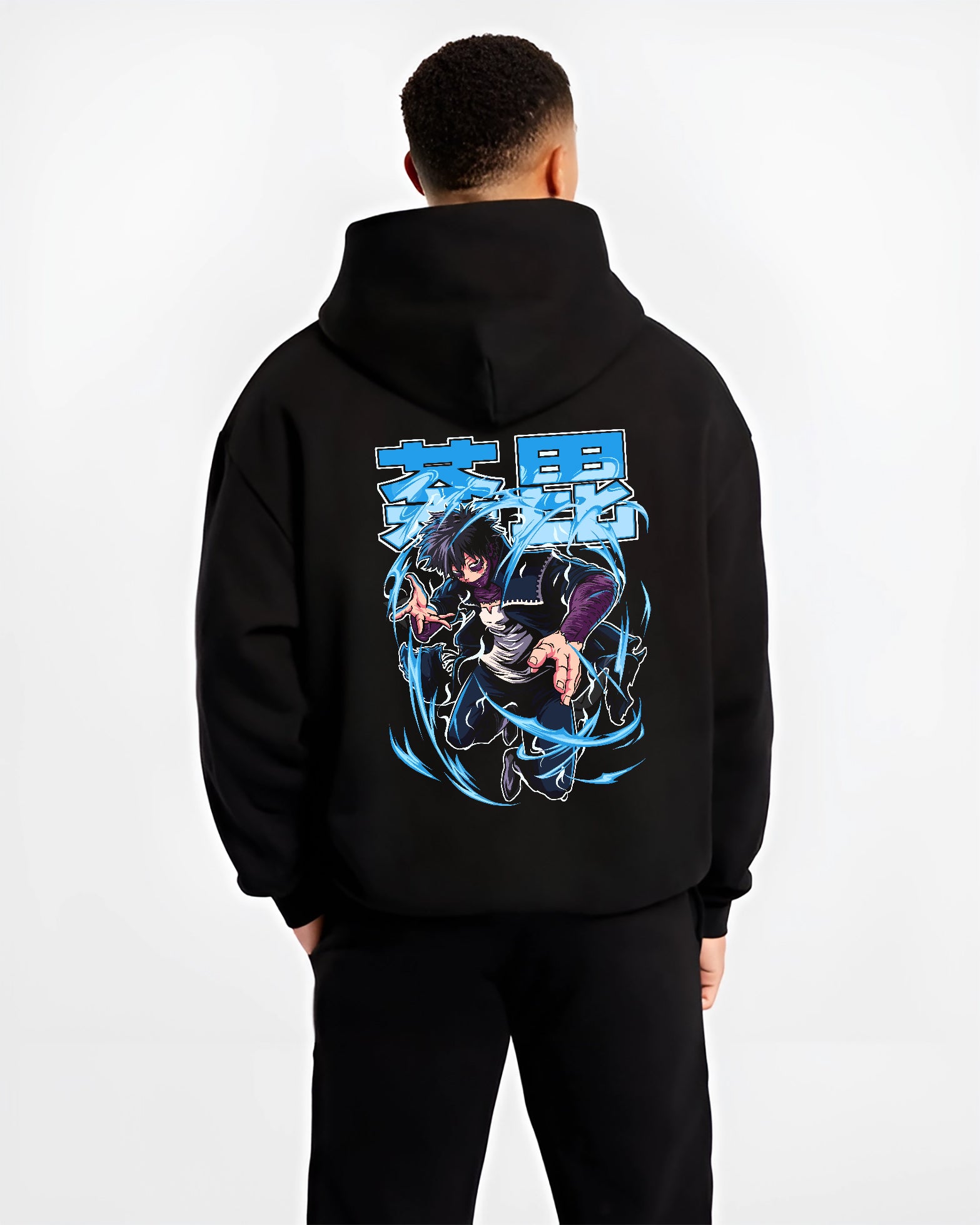 Black hoodie worn by a male model, back view, featuring Dabi My Hero Academia Japanese animation streetwear graphic with glowing blue flames and shonen battle stance.