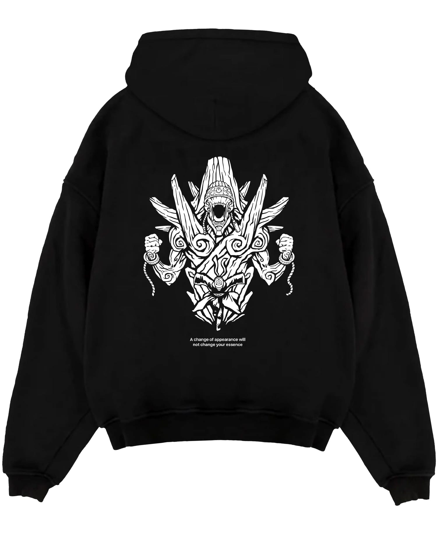 Black pullover hoodie laid flat on white background, featuring anime poster inspired demon guardian line-art back graphic with mystical shrine details.