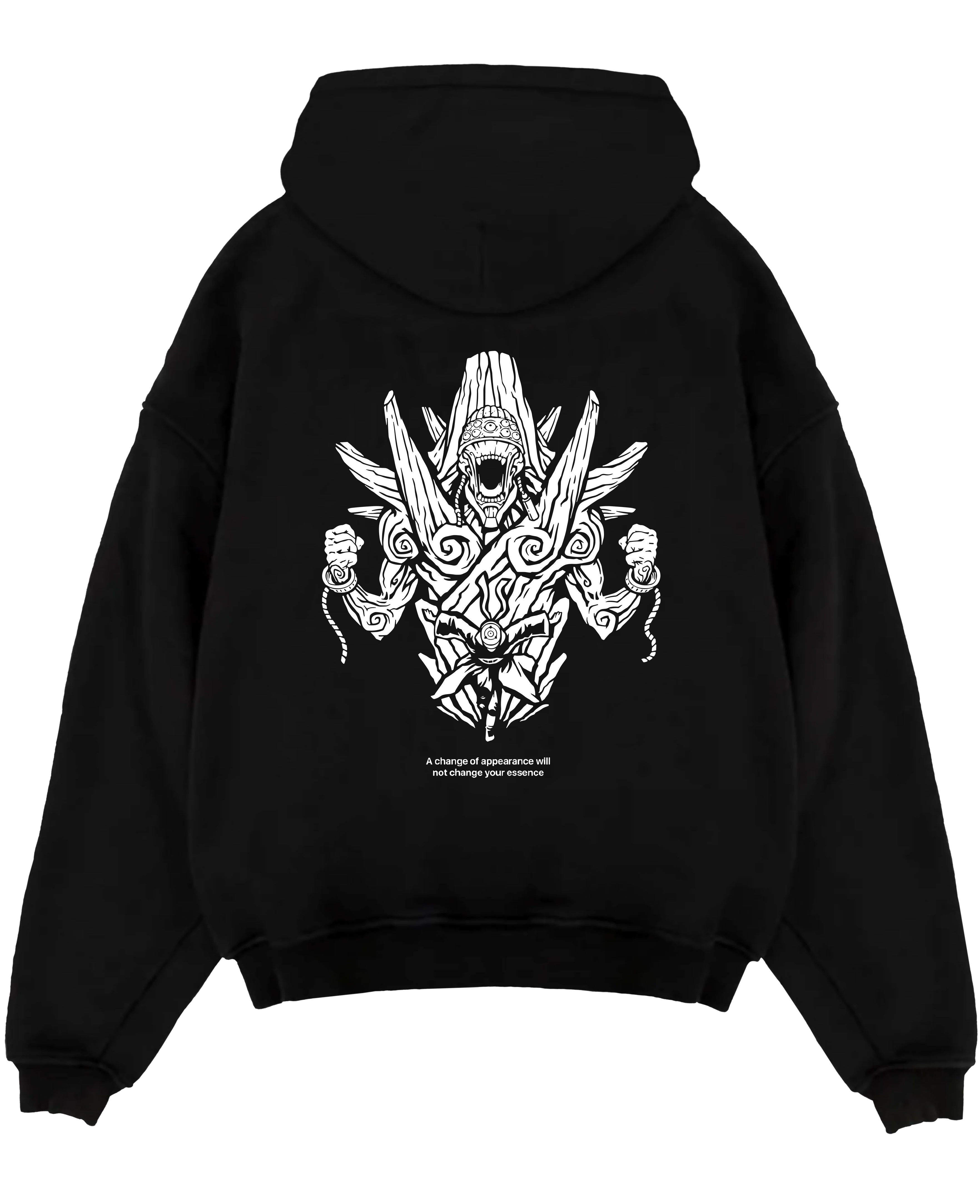 Black pullover hoodie laid flat on white background, featuring anime poster inspired demon guardian line-art back graphic with mystical shrine details.