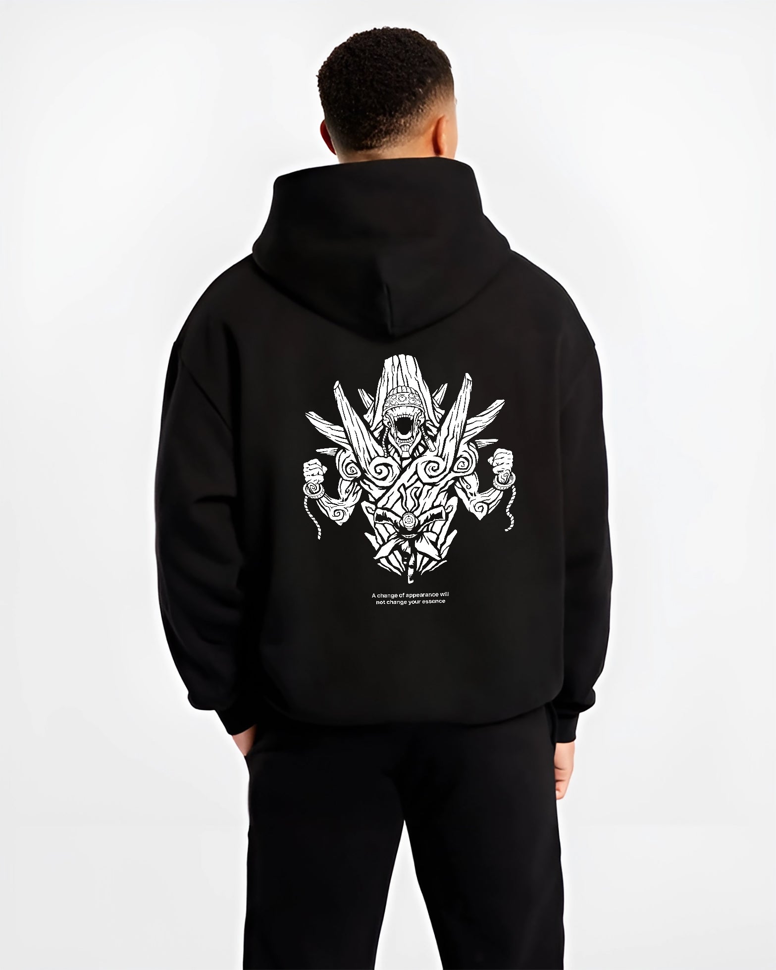 Black hoodie on male model, back view, featuring dark manga panel style demon guardian line-art with spiked shrine aura and runic accents.