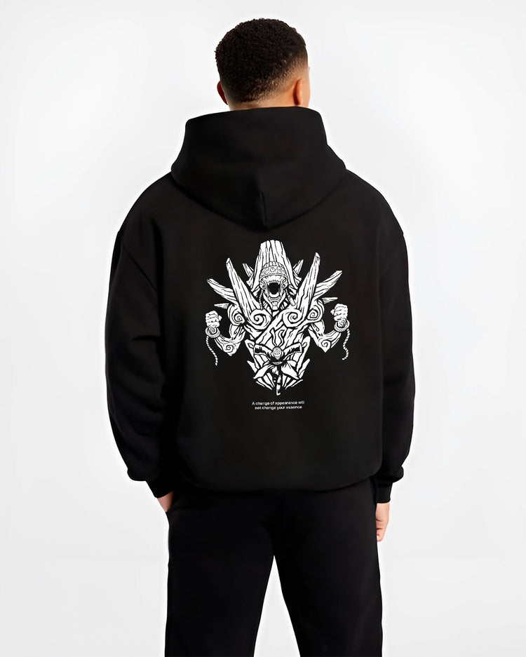 Black hoodie on male model, back view, featuring dark manga panel style demon guardian line-art with spiked shrine aura and runic accents.