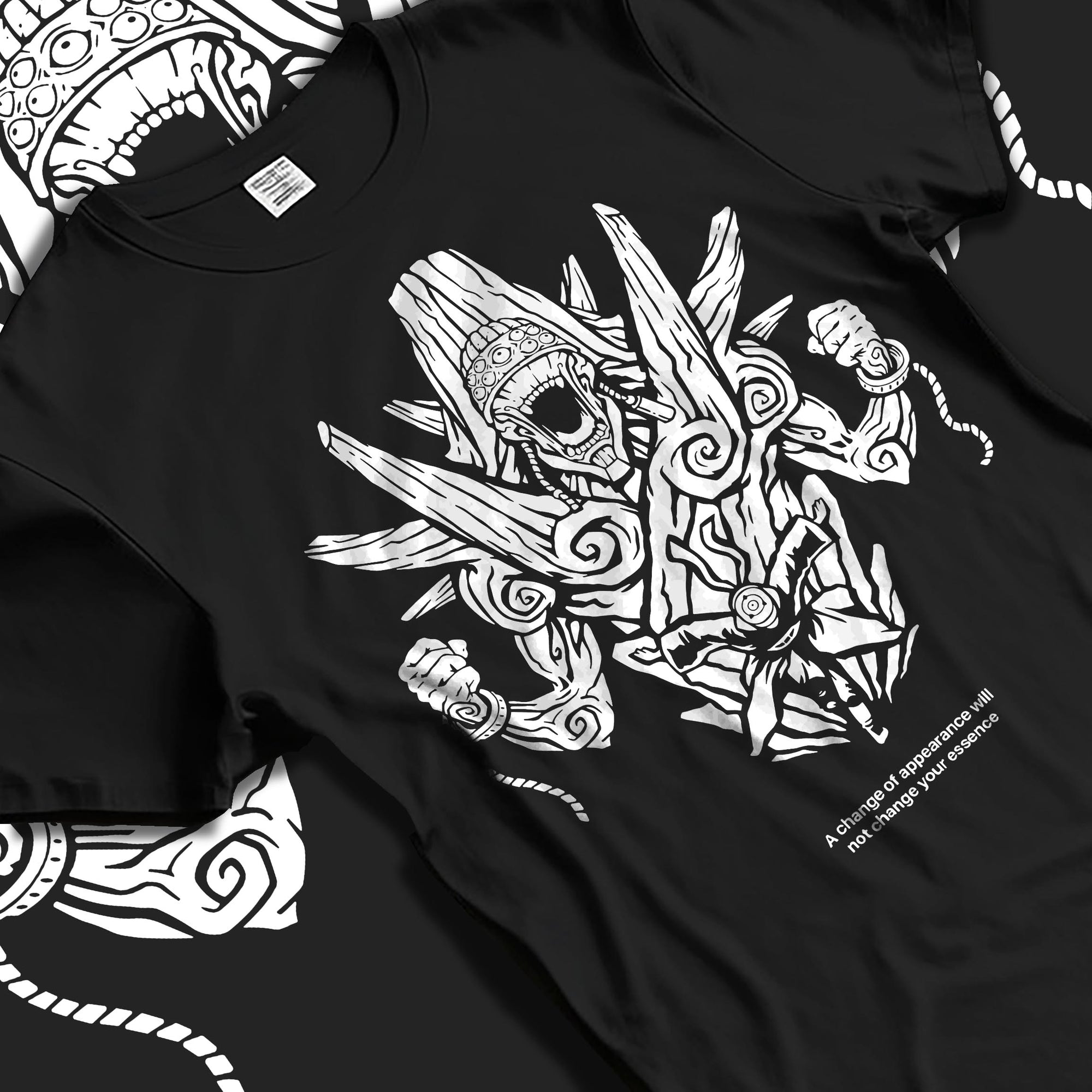 Black T-shirt laid flat with soft folds, featuring anime poster inspired demon guardian shrine line-art and gothic accents in bold monochrome.