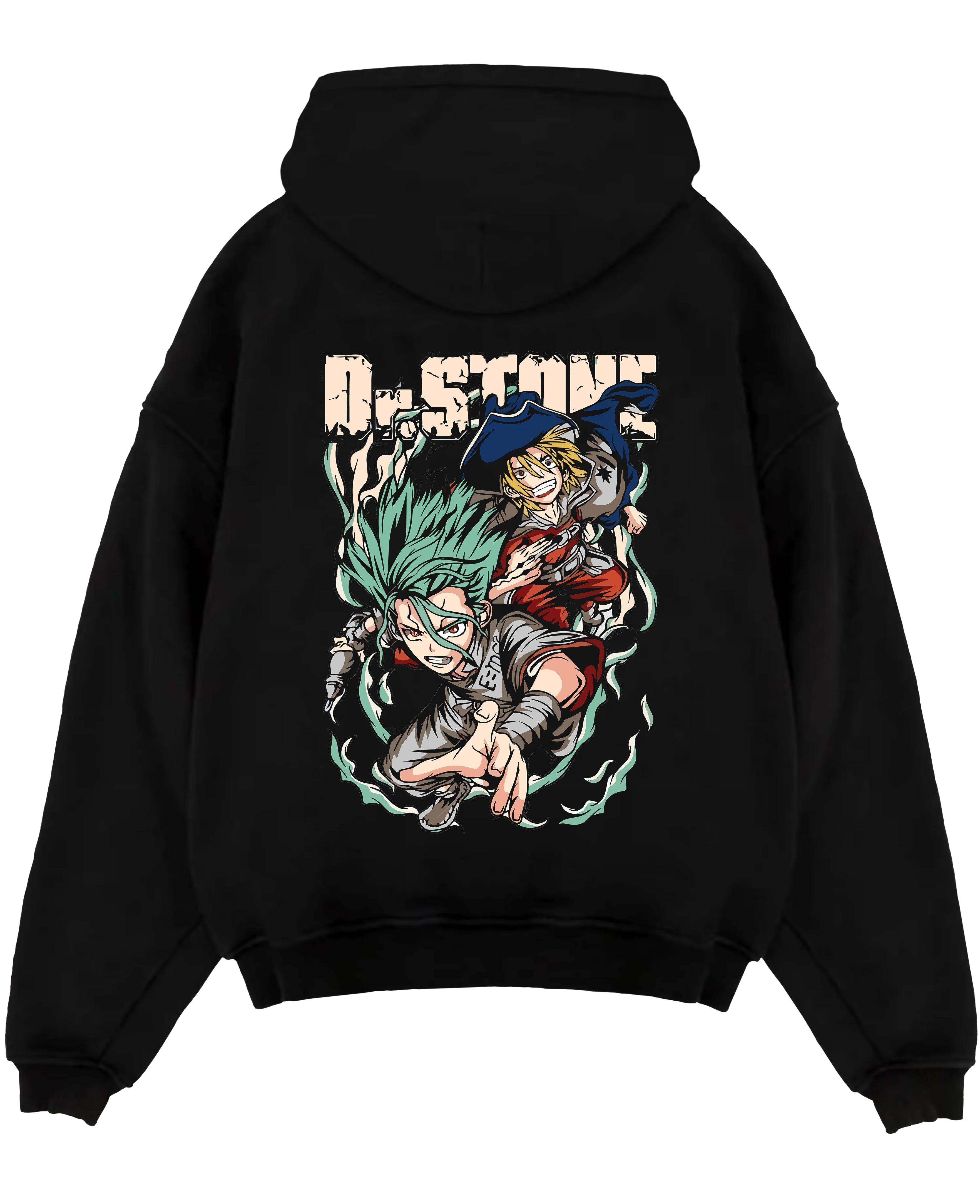 Black pullover hoodie laid flat, featuring Dr. Stone Senku and Ryusui in motion, anime poster inspired with retro manga style.