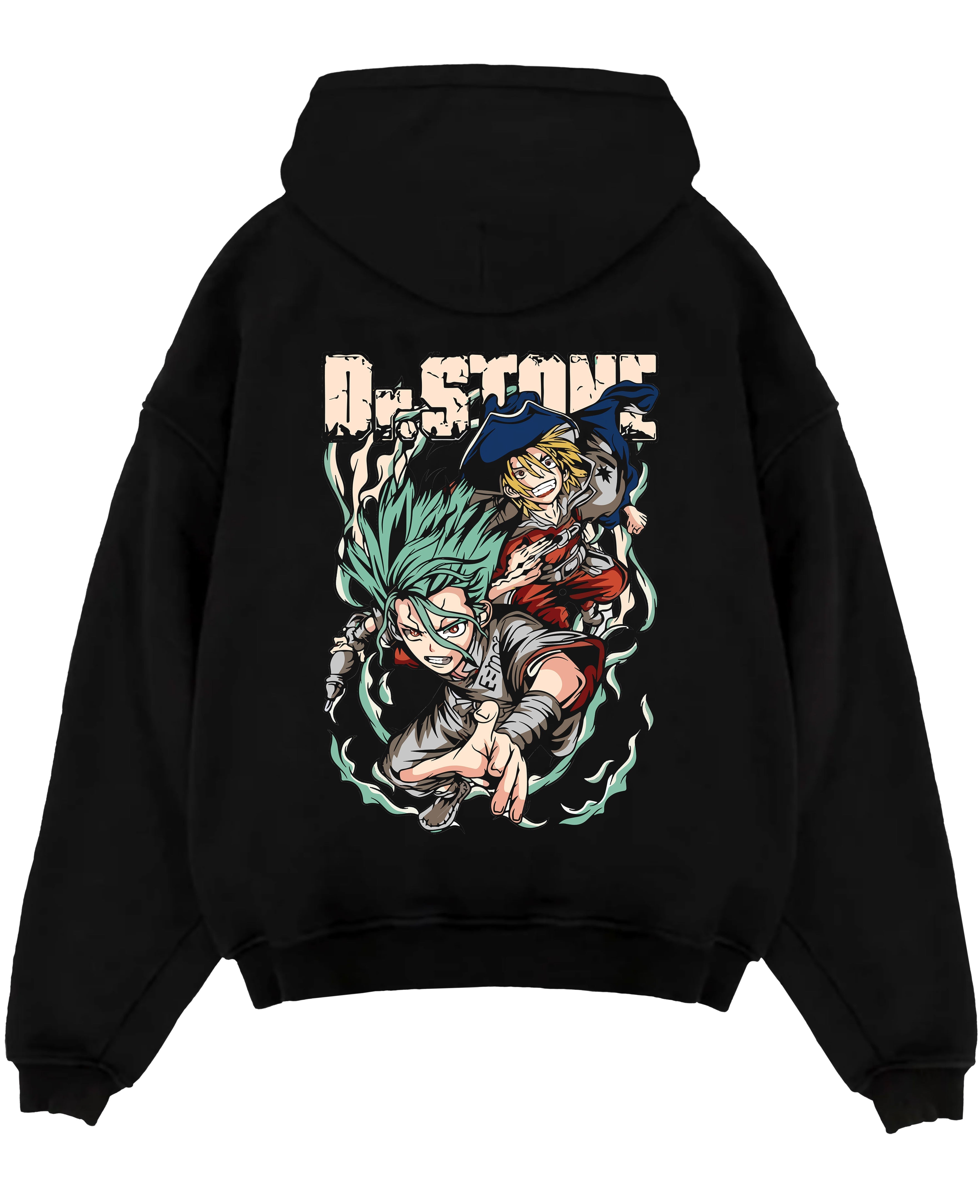 Black pullover hoodie laid flat, featuring Dr. Stone Senku and Ryusui in motion, anime poster inspired with retro manga style.