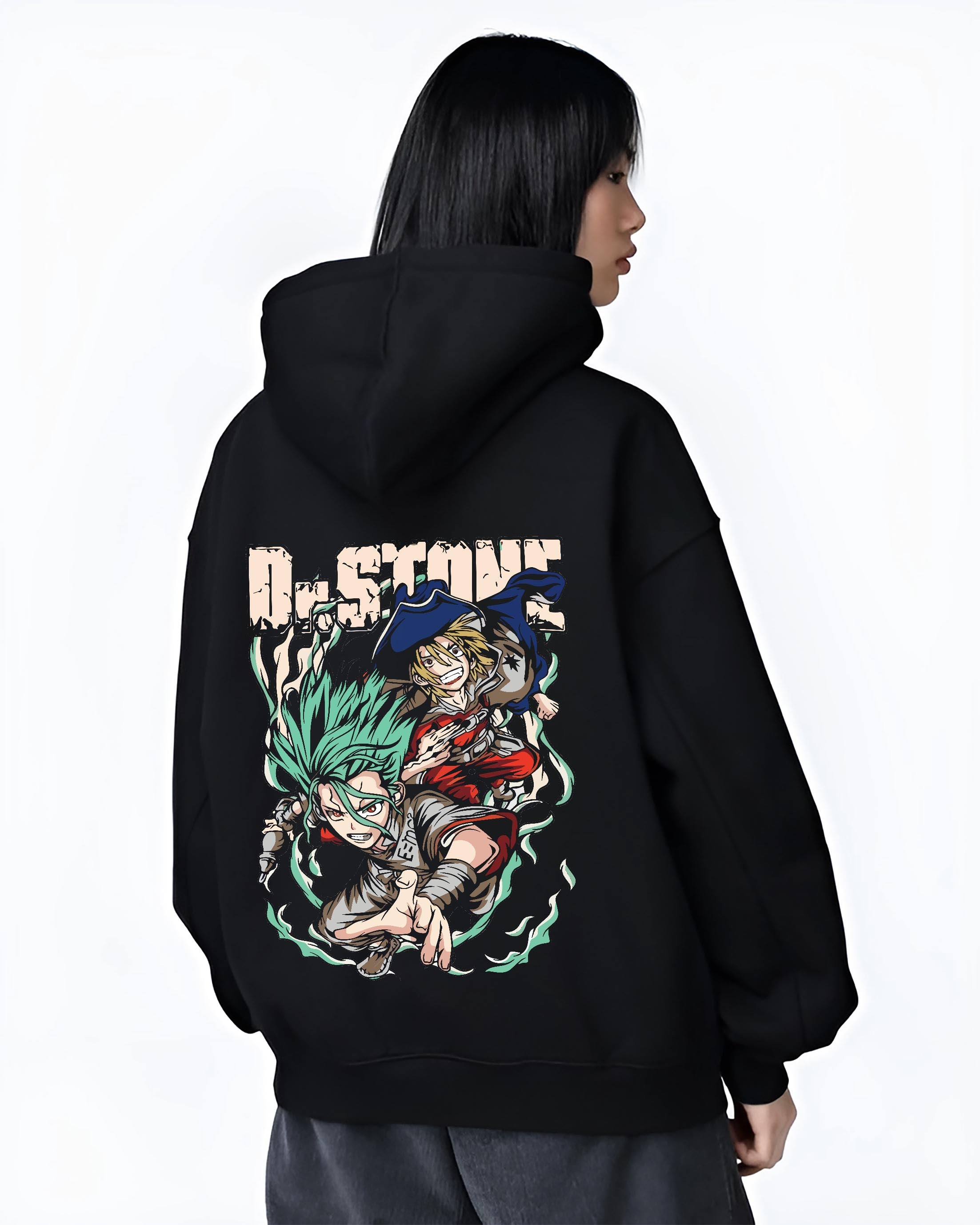 Black hoodie on male model, back view, featuring Dr. Stone Senku and Ryusui action graphic in retro manga, anime poster style.
