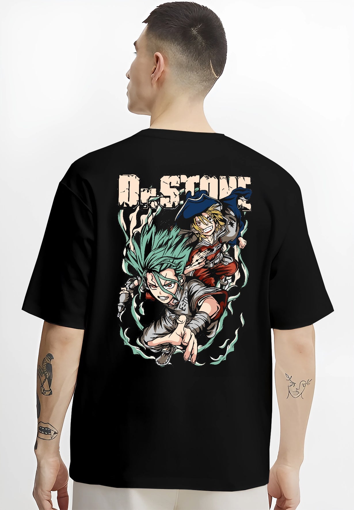 Black T-shirt on male model, back view, featuring Dr. Stone Senku and Ryusui dynamic retro manga graphic, Japanese animation streetwear.