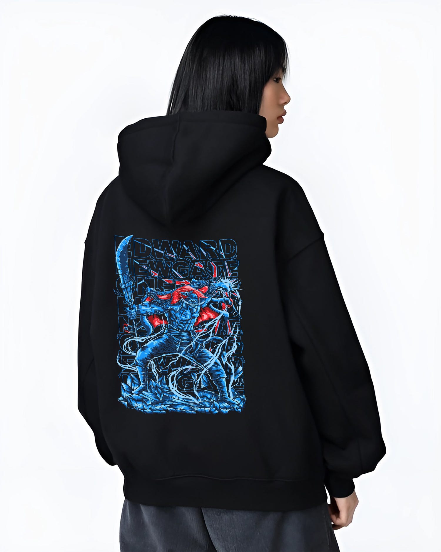 Black hoodie on female model, back view, Edward Newgate retro manga artwork in blue tones with red cape and shattered ground.