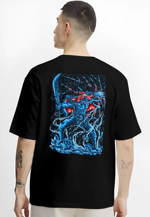 Black T-shirt on male model, back view, Edward Newgate anime poster graphic with blue highlights, red cape and cracked base.