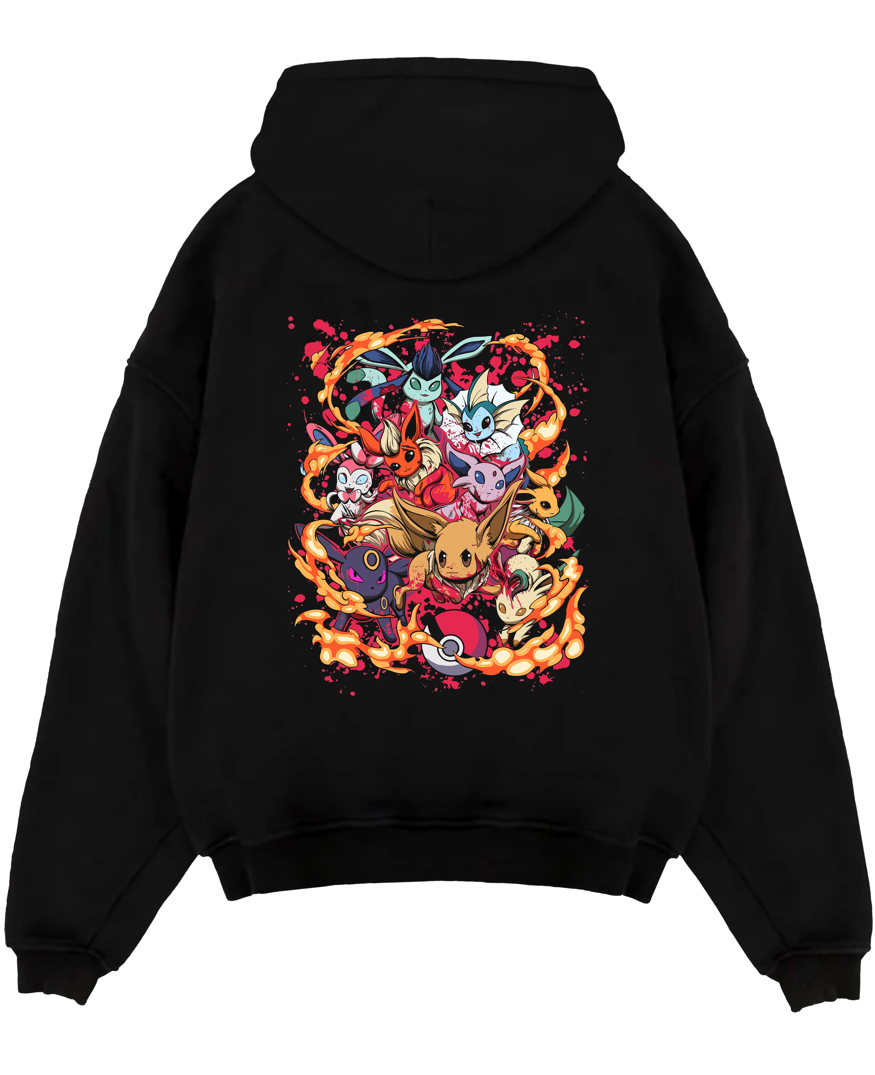 Black pullover hoodie laid flat, featuring Eevee and evolutions anime poster graphic with fiery ring and retro pixel shading.