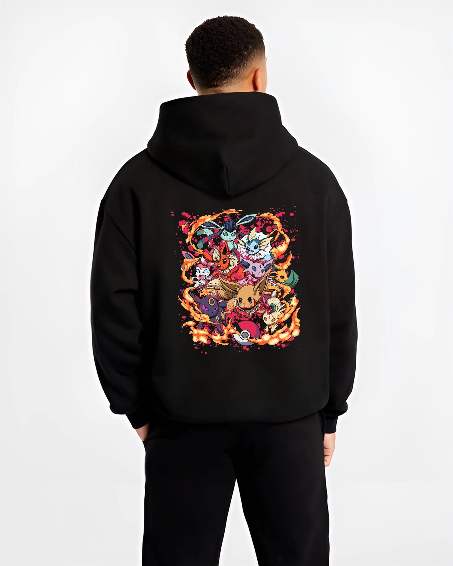 Black hoodie on male model, back view, Eevee with Vaporeon, Jolteon, Flareon collage in retro manga style with flame border.