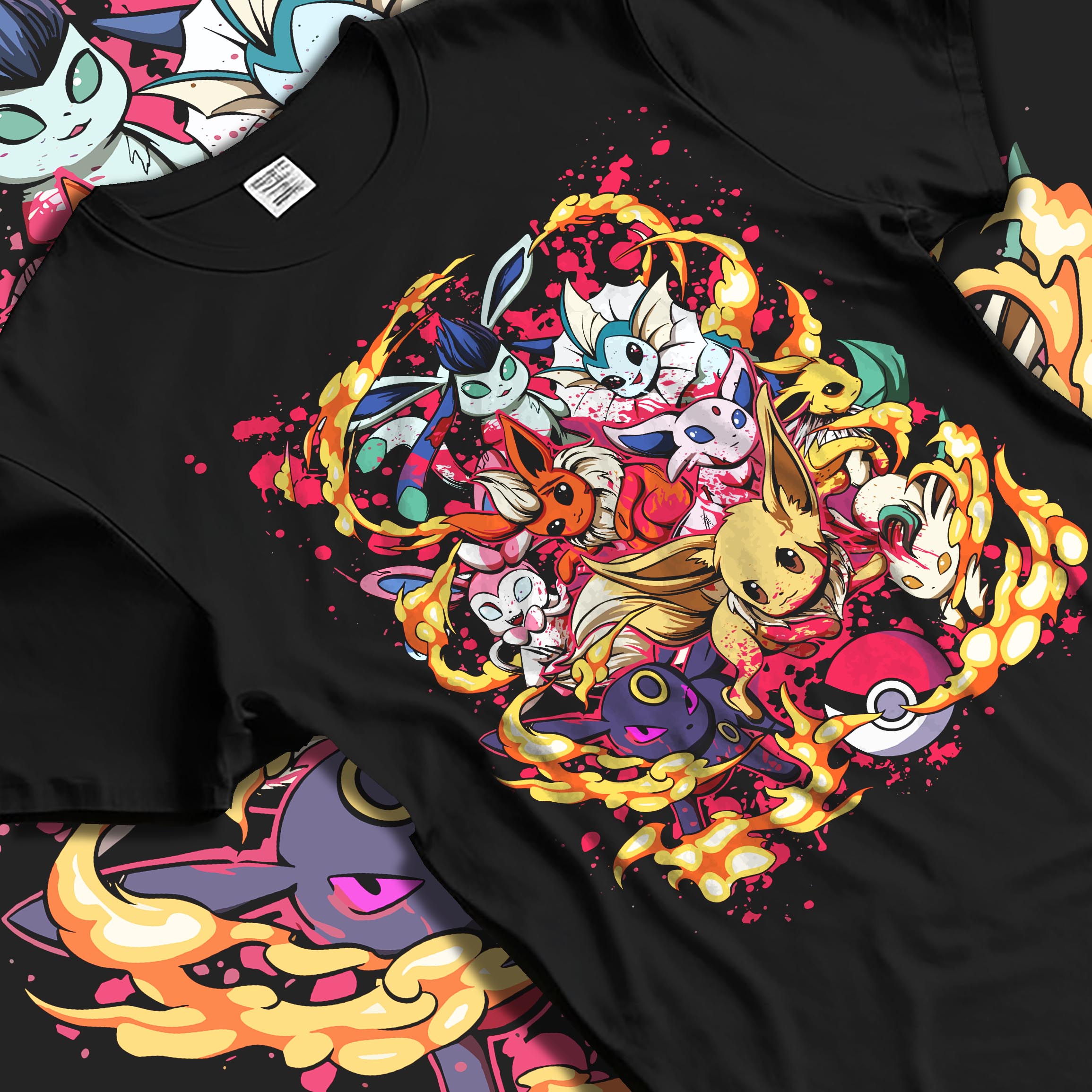 Black T-shirt laid flat with soft folds, featuring Eevee and evolutions retro video game graphic with fiery border.