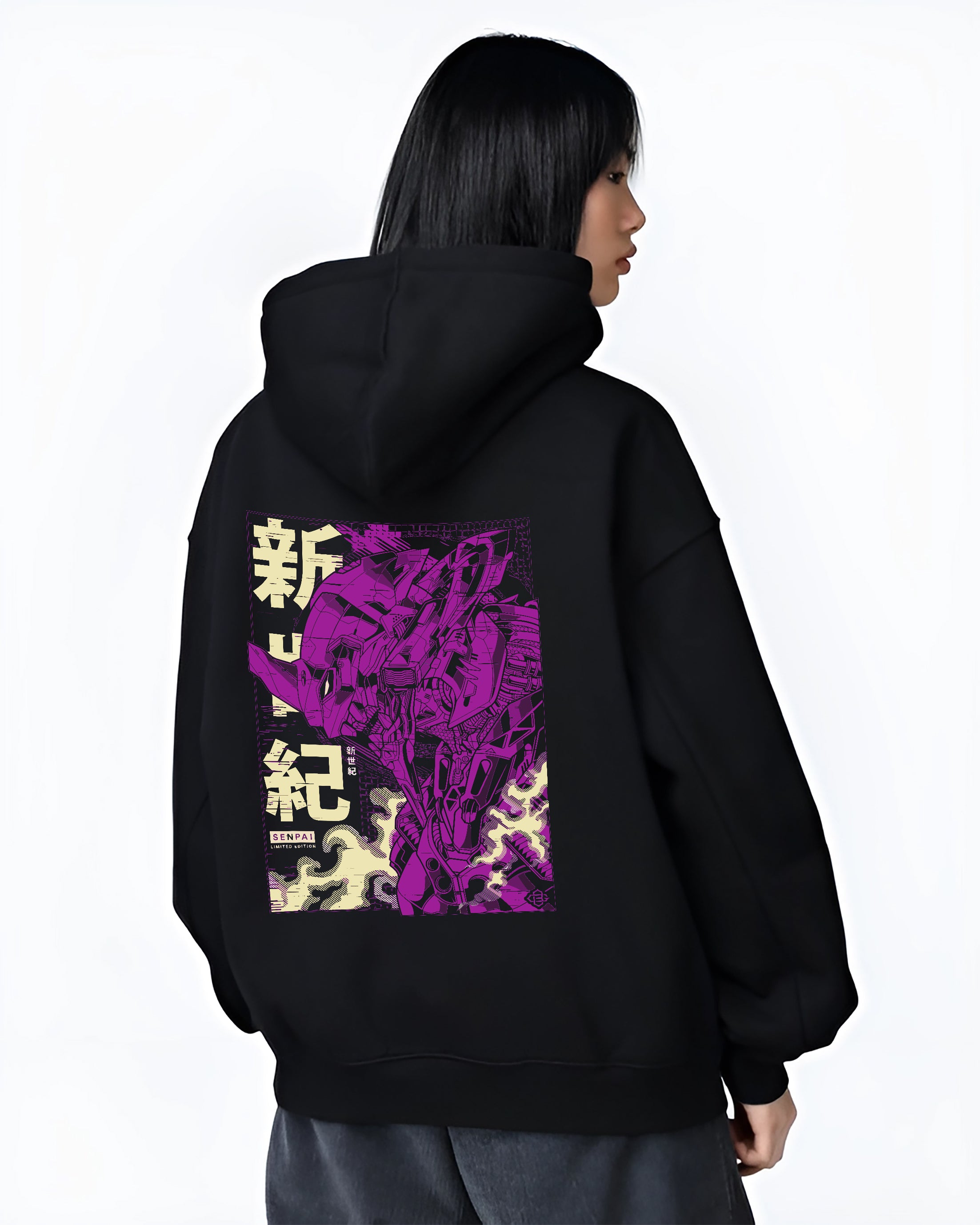 Black hoodie worn by a female model, back view, featuring Neon Genesis Evangelion retro mecha graphic with Unit-01 in striking purple, anime poster inspired.
