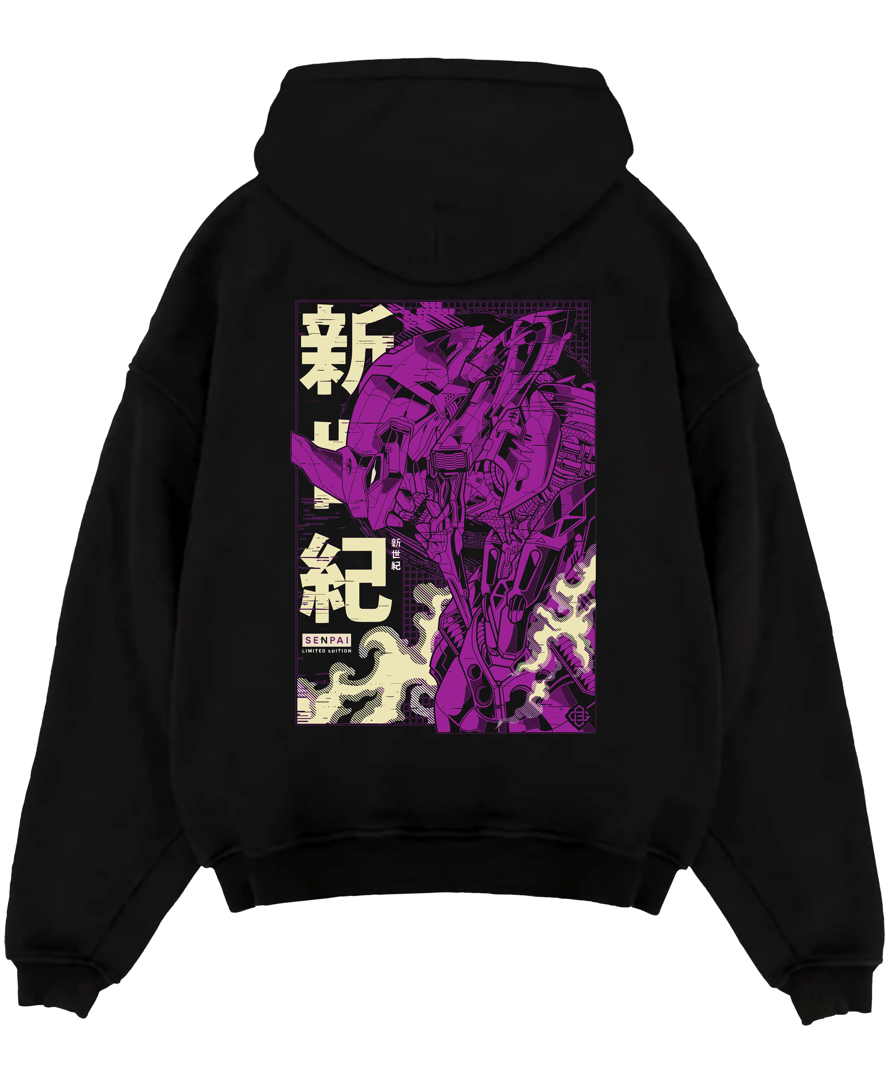 Black pullover hoodie laid flat on white background, featuring Neon Genesis Evangelion Unit-01 retro mecha poster back graphic in vivid purple.