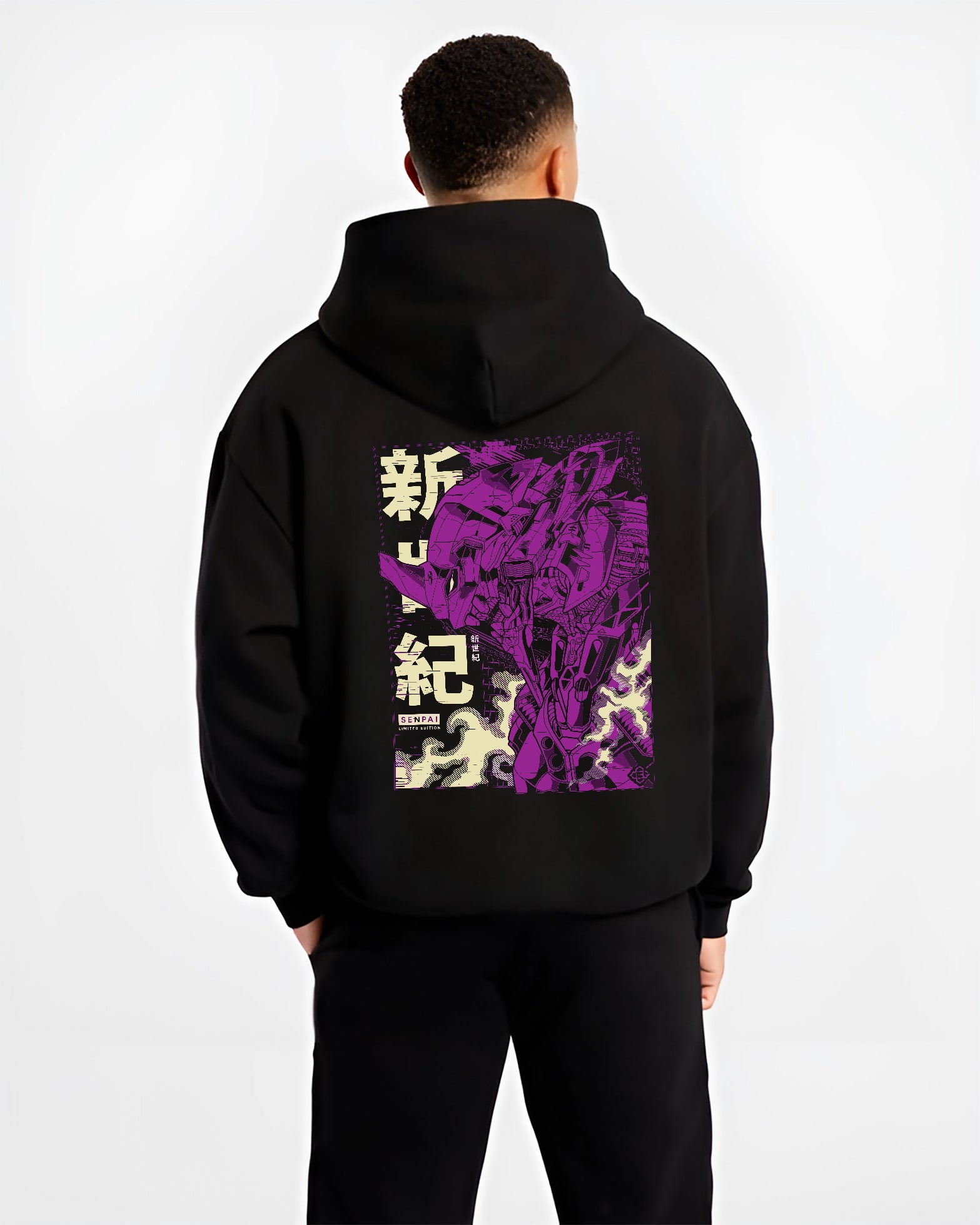 Black hoodie worn by a male model, back view, featuring Evangelion Unit-01 cyberpunk anime aesthetic with bold purple retro mecha linework and kanji accents.
