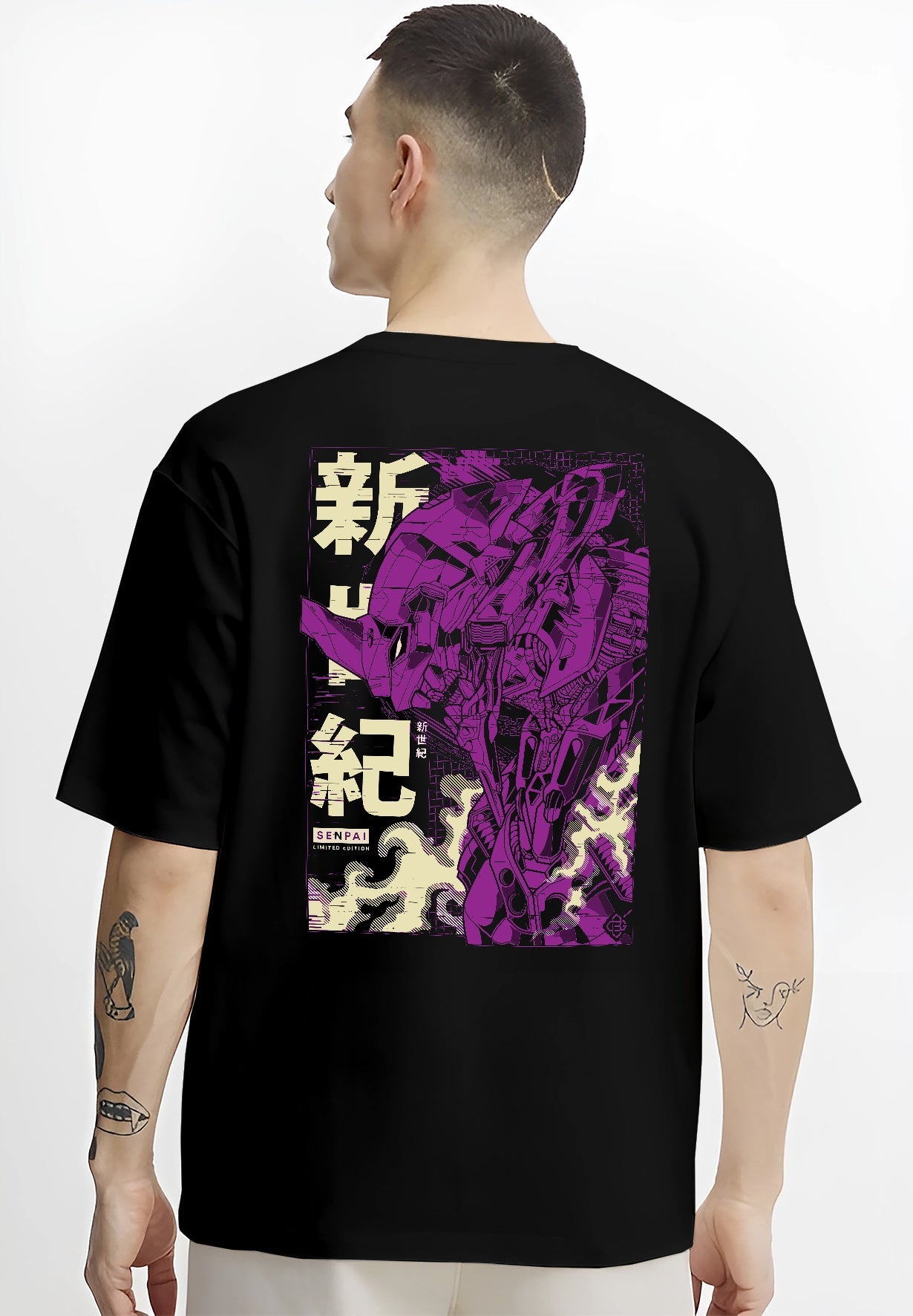 Black T-shirt worn by a male model, back view, featuring Evangelion Unit-01 retro mecha artwork, cyberpunk anime aesthetic with sharp purple highlights.