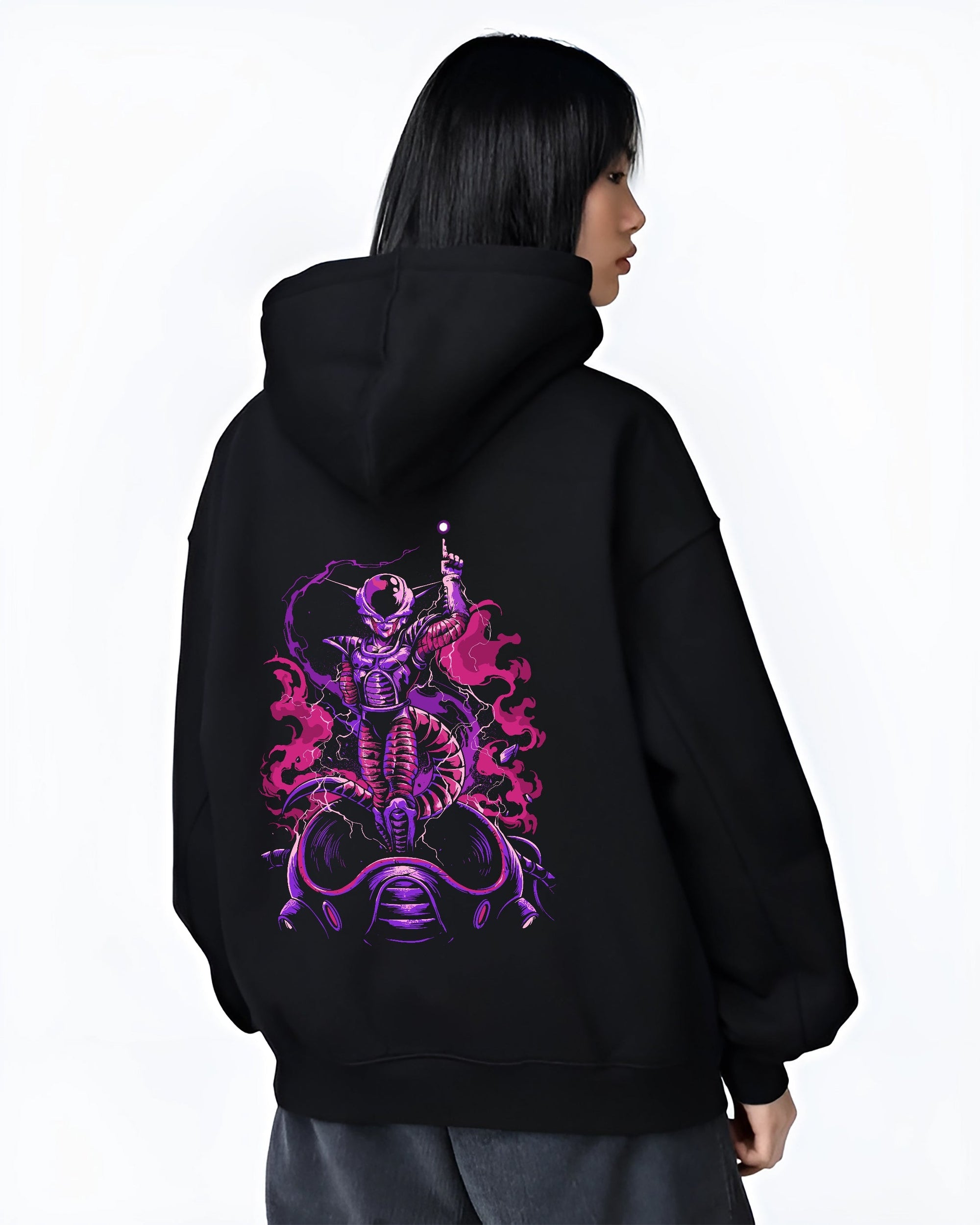Black hoodie worn by a female model, back view, featuring Frieza Dragon Ball anime poster inspired artwork with bold purple tones and urban fashion back graphic.