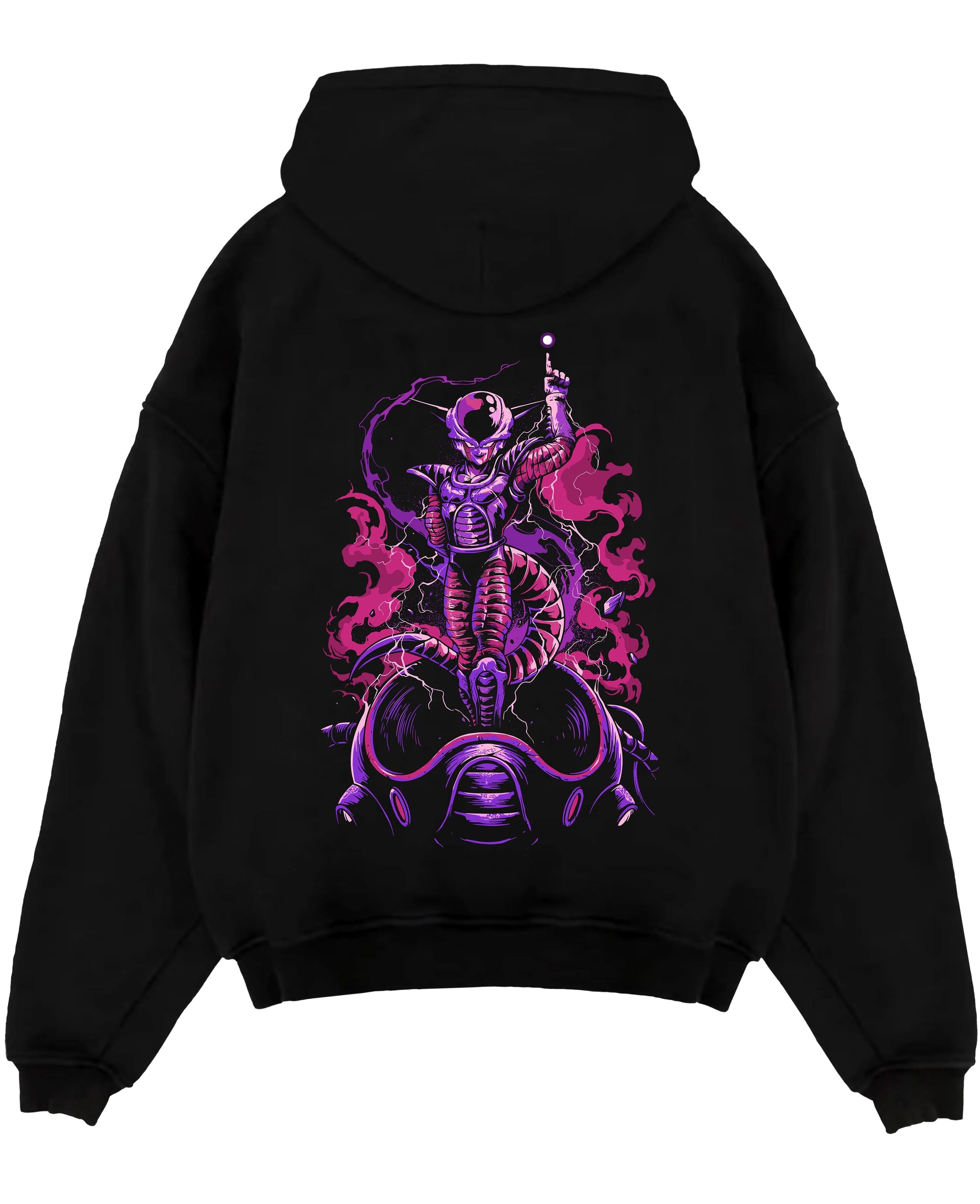 Black pullover hoodie laid flat on a white background, featuring Frieza Dragon Ball anime poster inspired design with retro manga graphic in vivid purple flames.