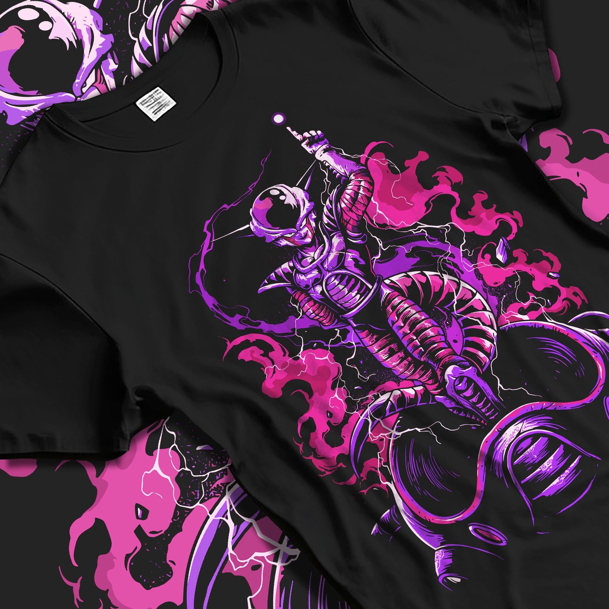 Black T-shirt laid flat with natural fabric folds, featuring Frieza Dragon Ball anime poster inspired design with manga panel artwork in striking purple hues.