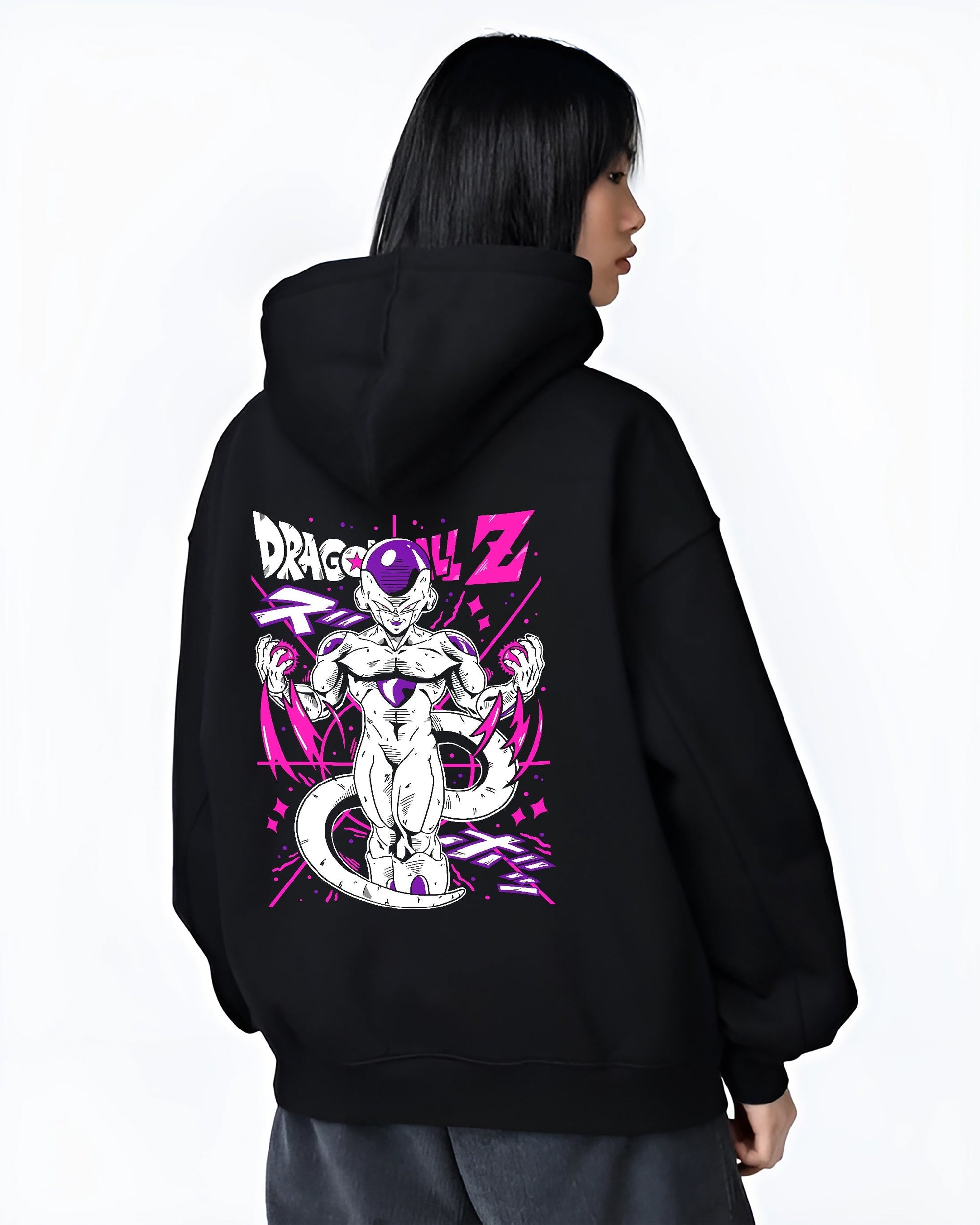 Black hoodie worn by a female model, back view, featuring Frieza Dragon Ball Z anime poster inspired design with bold purple retro aesthetic and urban fashion back art.