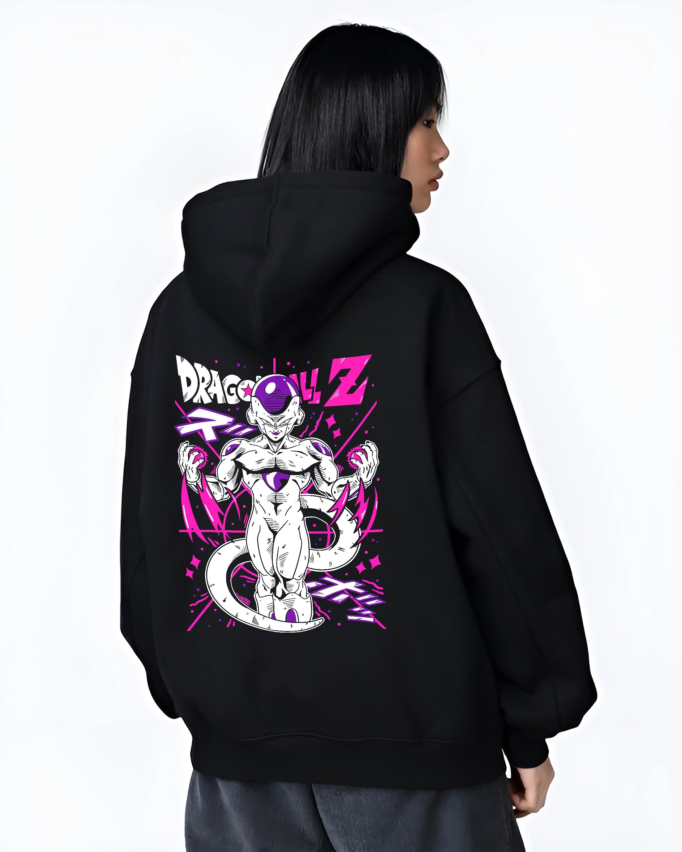 Black hoodie worn by a female model, back view, featuring Frieza Dragon Ball Z anime poster inspired design with bold purple retro aesthetic and urban fashion back art.