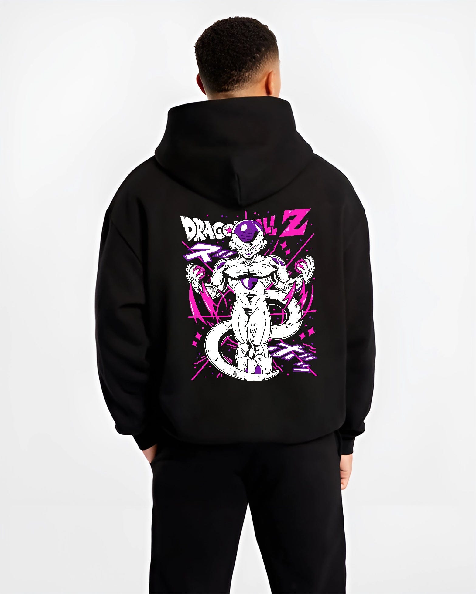 Black hoodie worn by a male model, back view, featuring Frieza Dragon Ball Z retro manga graphic with striking purple aura in Japanese animation streetwear style.