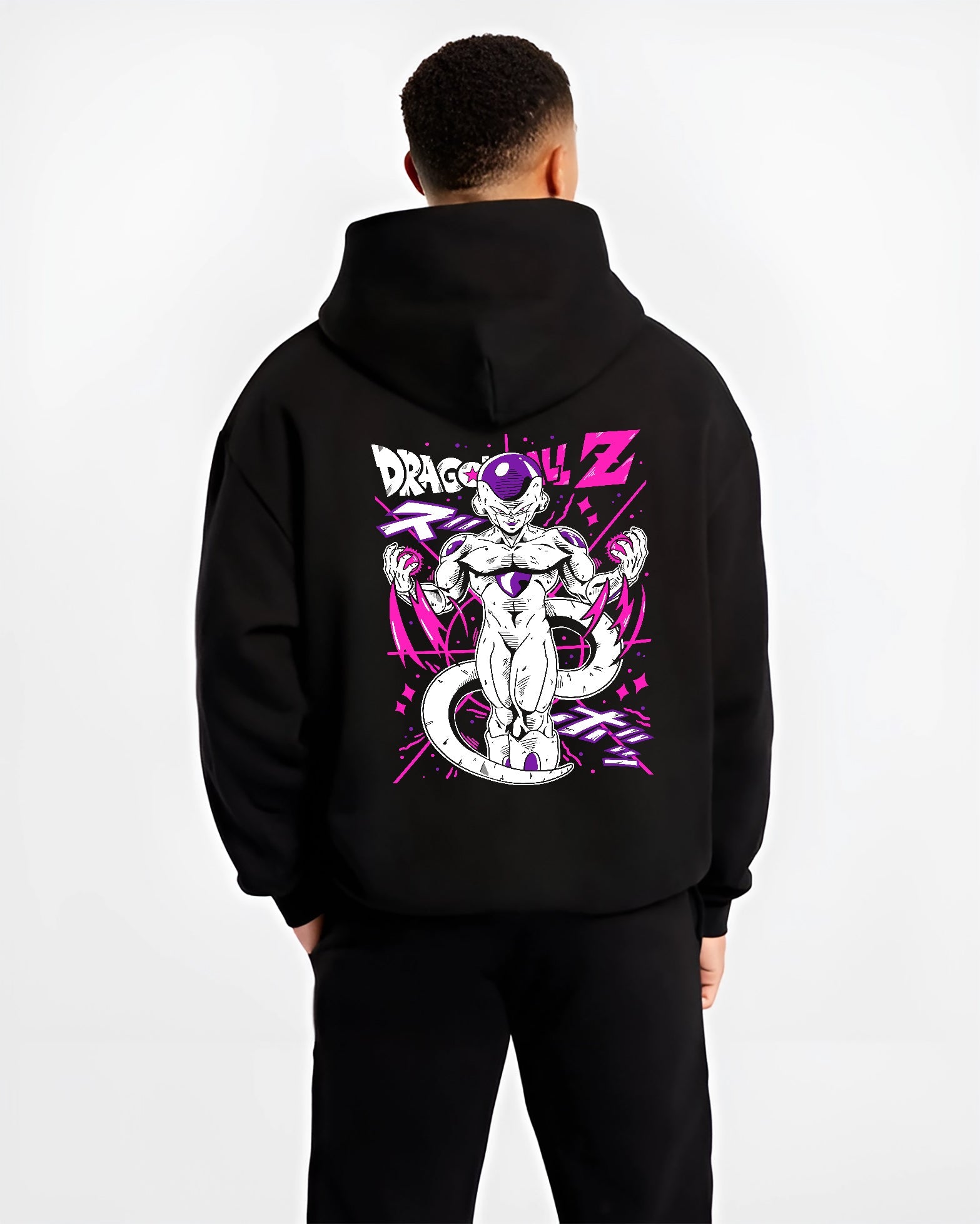 Black hoodie worn by a male model, back view, featuring Frieza Dragon Ball Z retro manga graphic with striking purple aura in Japanese animation streetwear style.