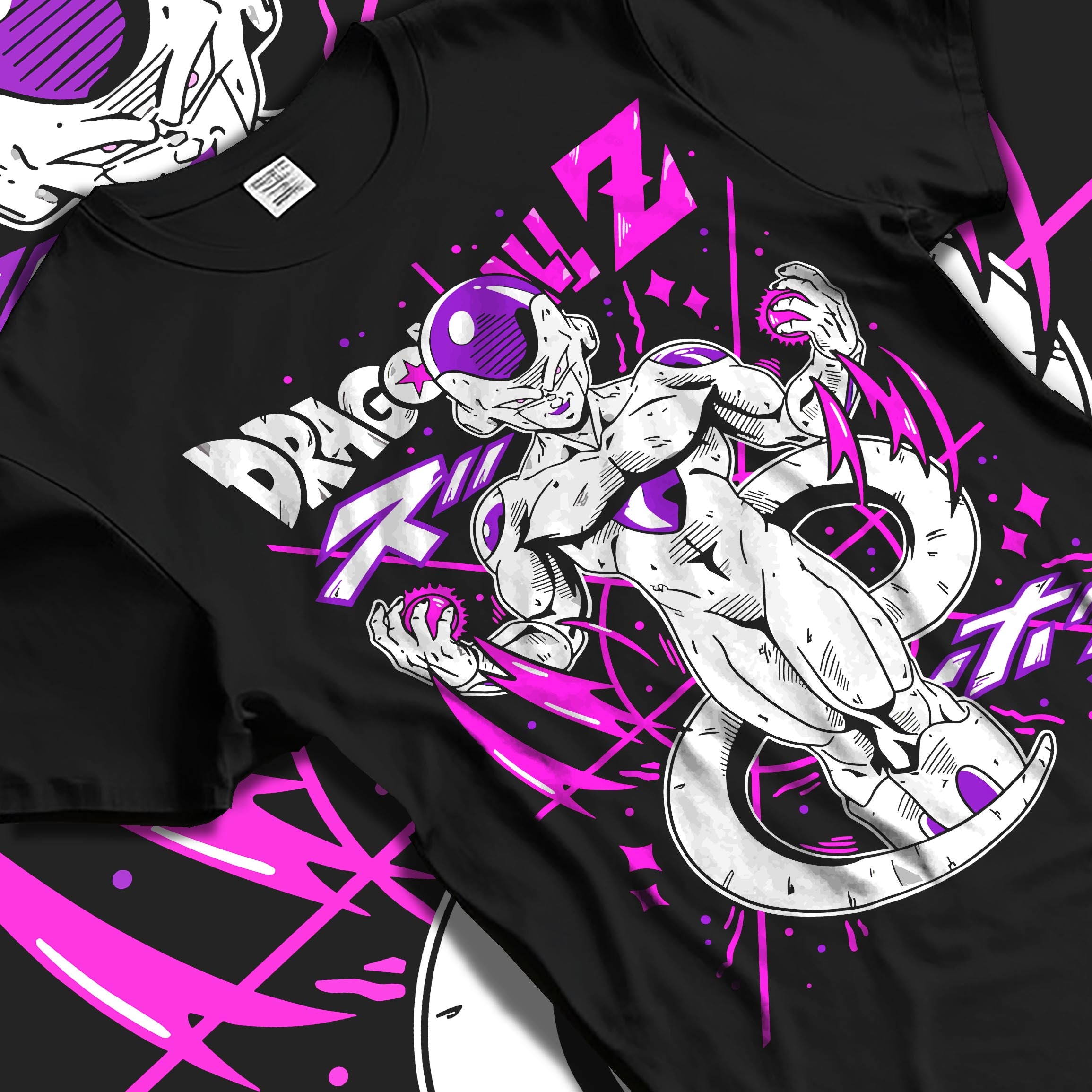 Black T-shirt laid flat with natural fabric folds, featuring Frieza Dragon Ball Z retro manga panel design in bold purple tones with anime poster inspired detail.