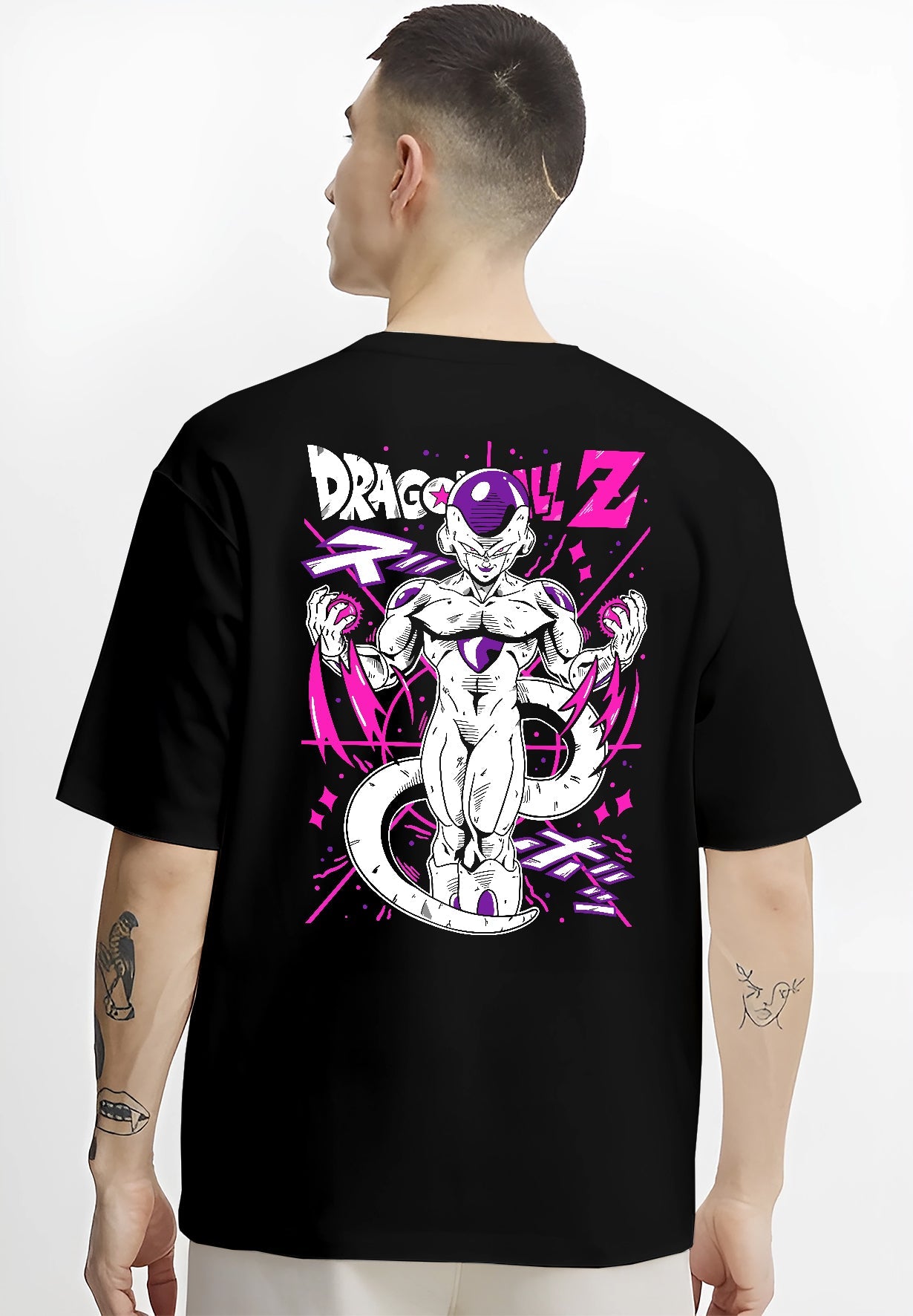 Black T-shirt worn by a male model, back view, featuring Frieza Dragon Ball Z shonen battle character artwork with iconic purple energy in retro manga streetwear style.