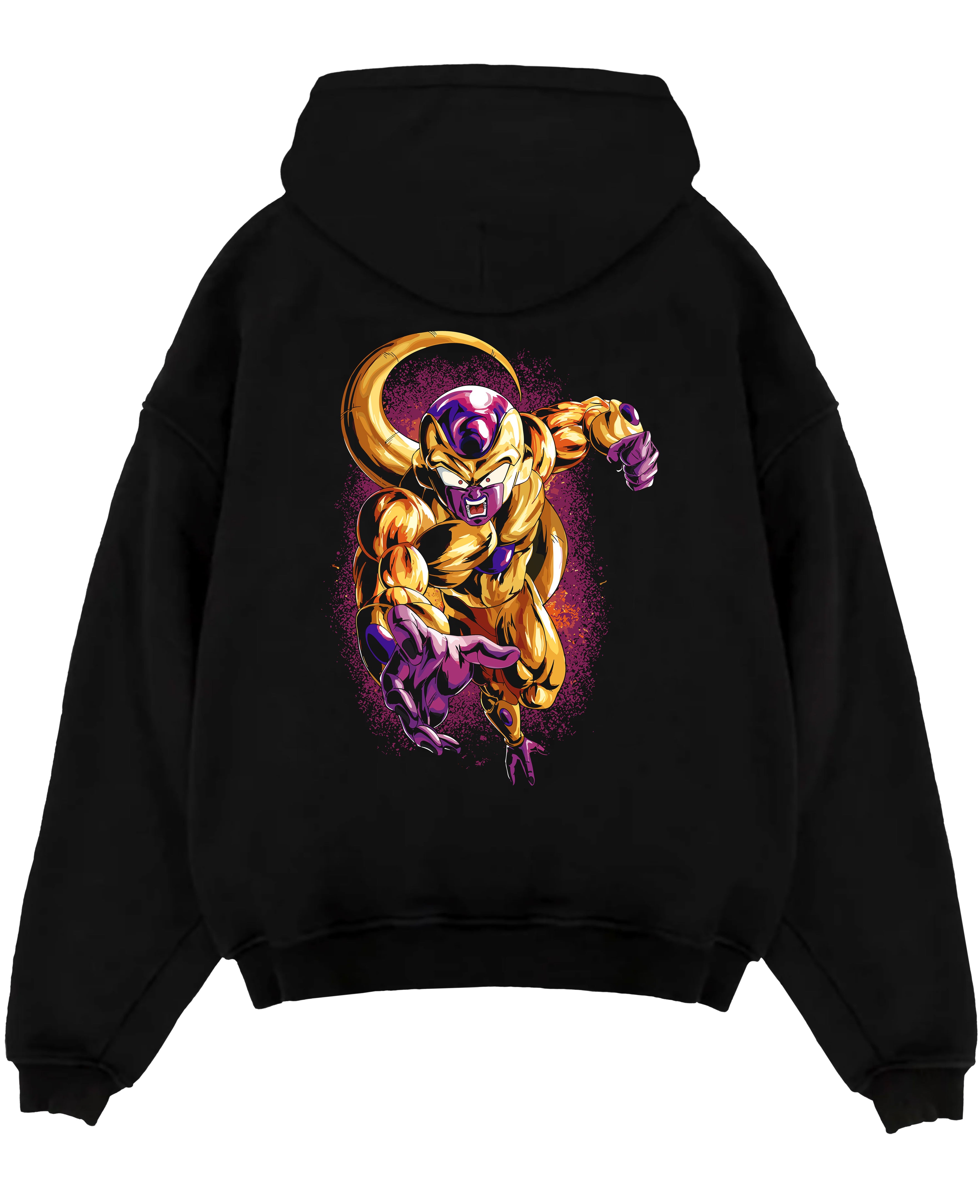 Black pullover hoodie laid flat on a white background, featuring Frieza Golden Form Dragon Ball Z anime poster inspired design with glowing purple aura and fierce battle pose.