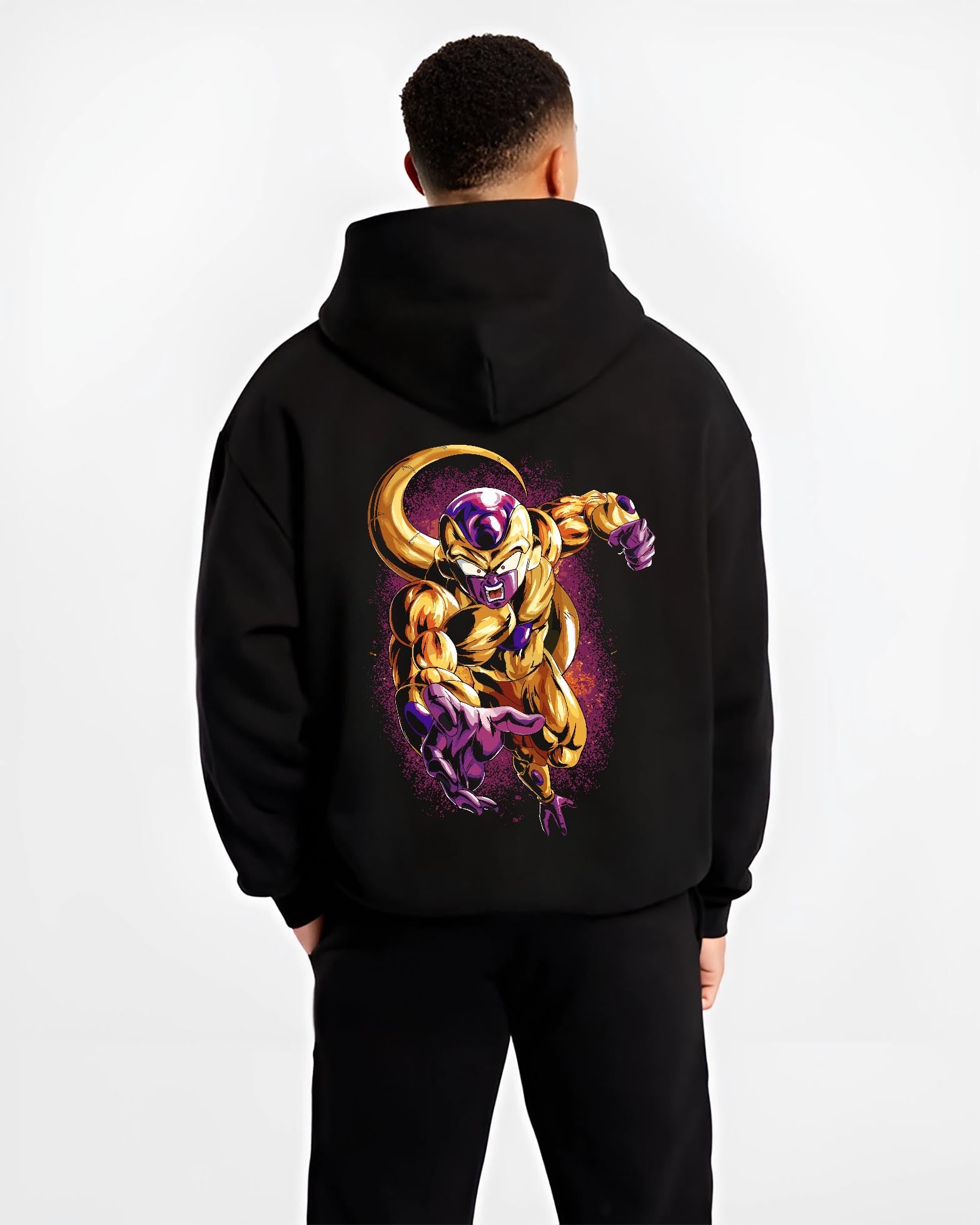 Black hoodie worn by a male model, back view, featuring Frieza Golden Form Dragon Ball Z retro manga graphic with glowing purple aura and shonen battle artwork.