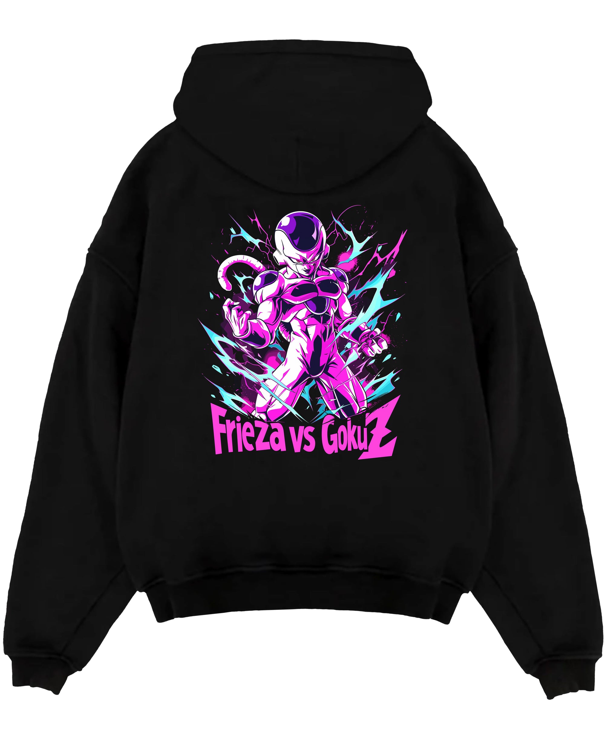 Black pullover hoodie laid flat on a white background, featuring Frieza Dragon Ball Z anime poster inspired artwork with glowing purple energy aura and bold retro design.