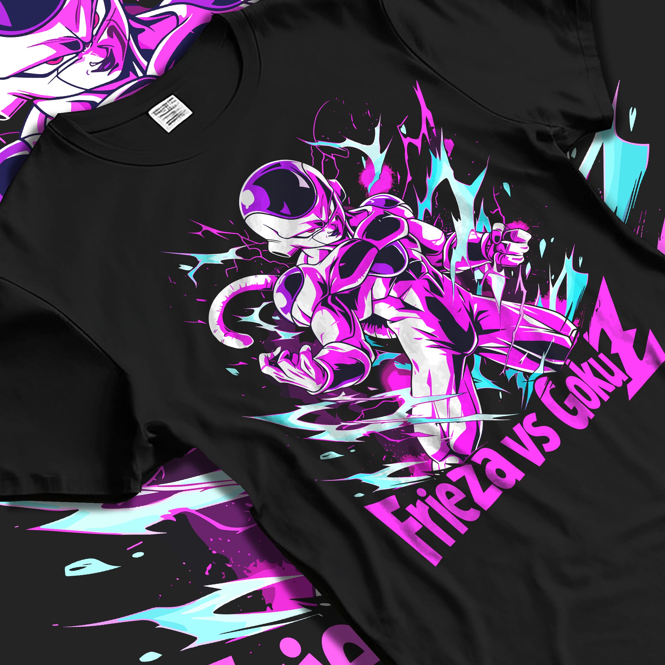 Black T-shirt laid flat with natural fabric folds, featuring Frieza Dragon Ball Z retro manga inspired design with bright aura and bold shonen battle villain artwork.