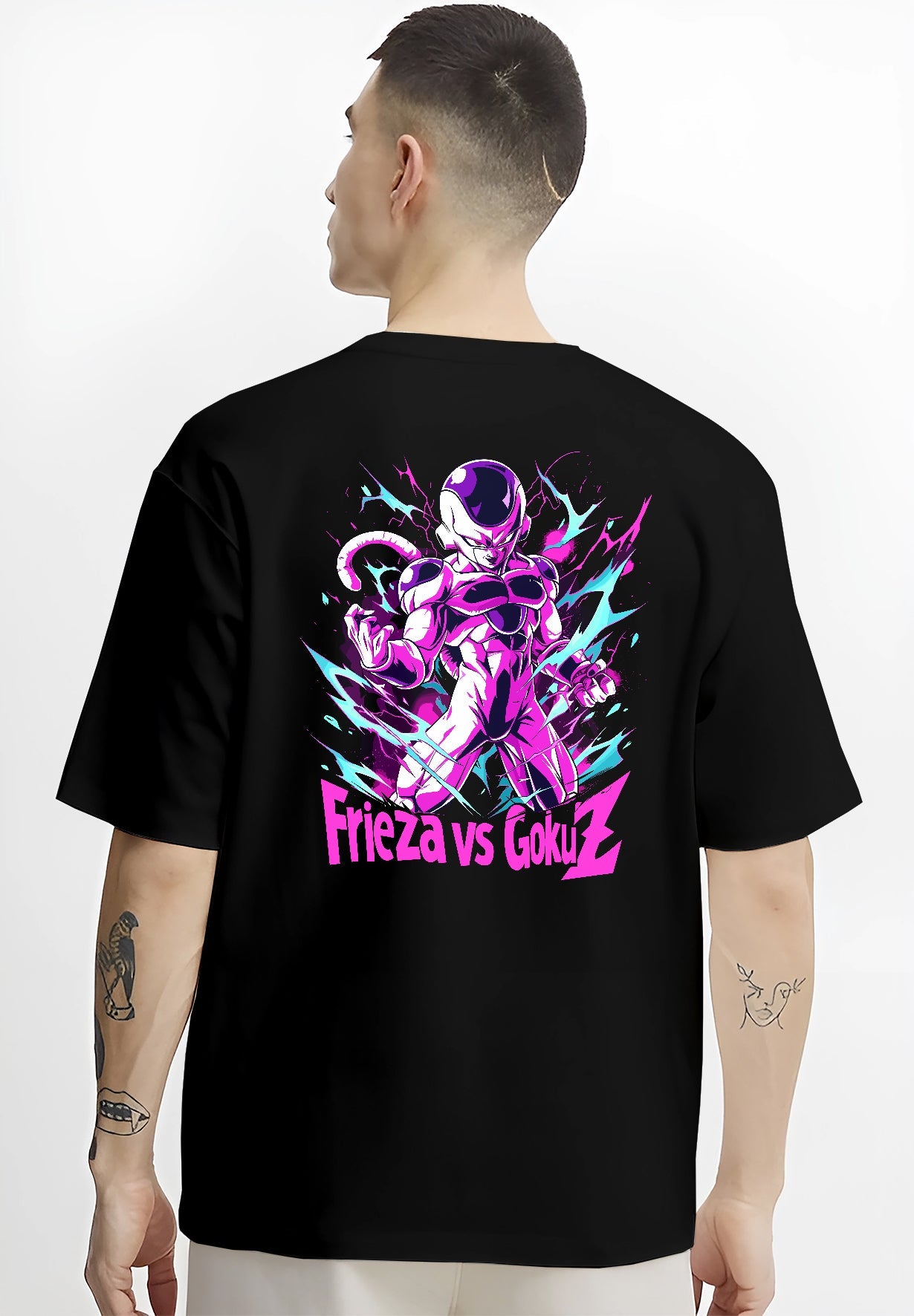 Black T-shirt worn by a male model, back view, featuring Frieza Dragon Ball Z anime poster inspired artwork with vibrant purple aura and iconic villain pose.