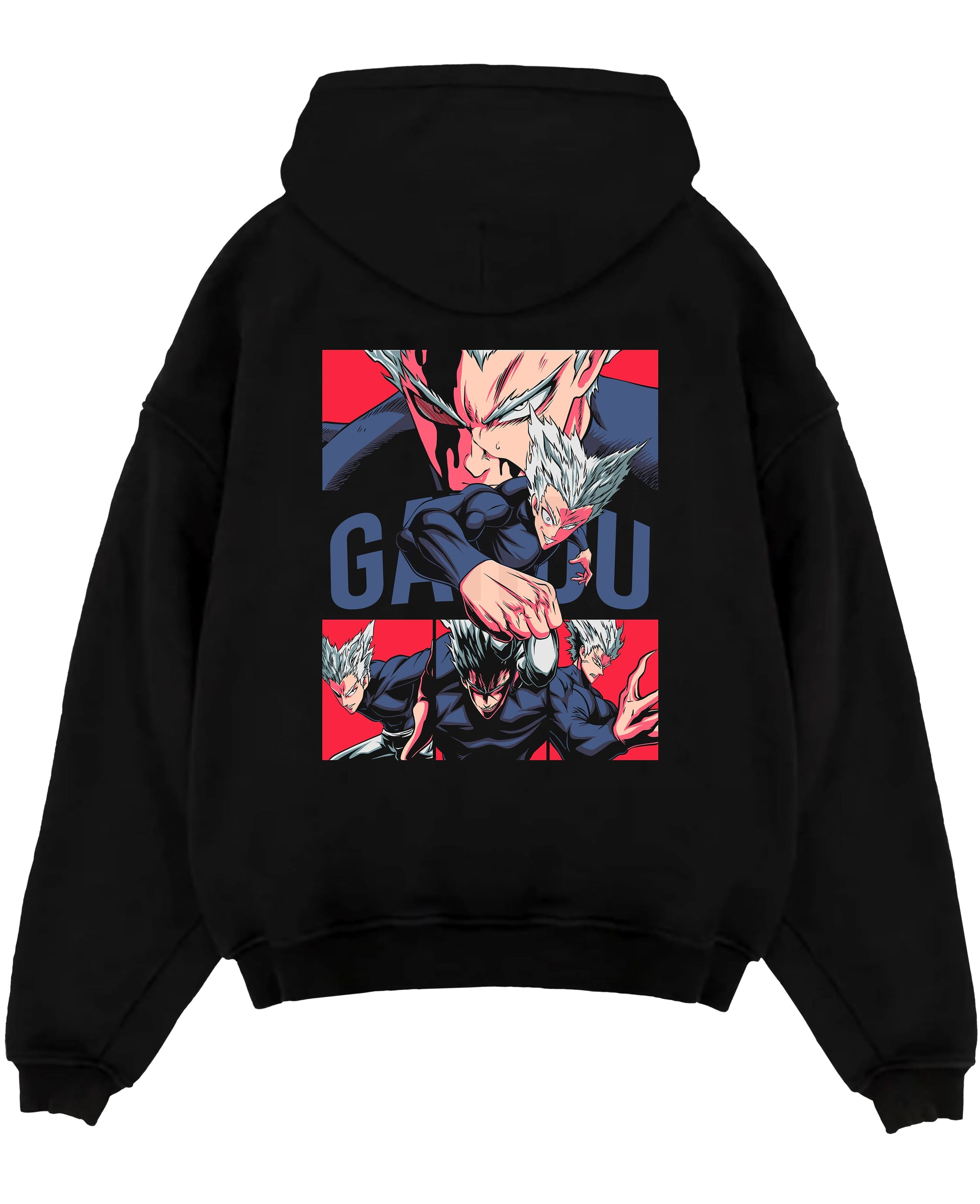 Black pullover hoodie laid flat on white, featuring Garou One Punch Man retro manga panel graphic with bold red backdrop and motion lines.