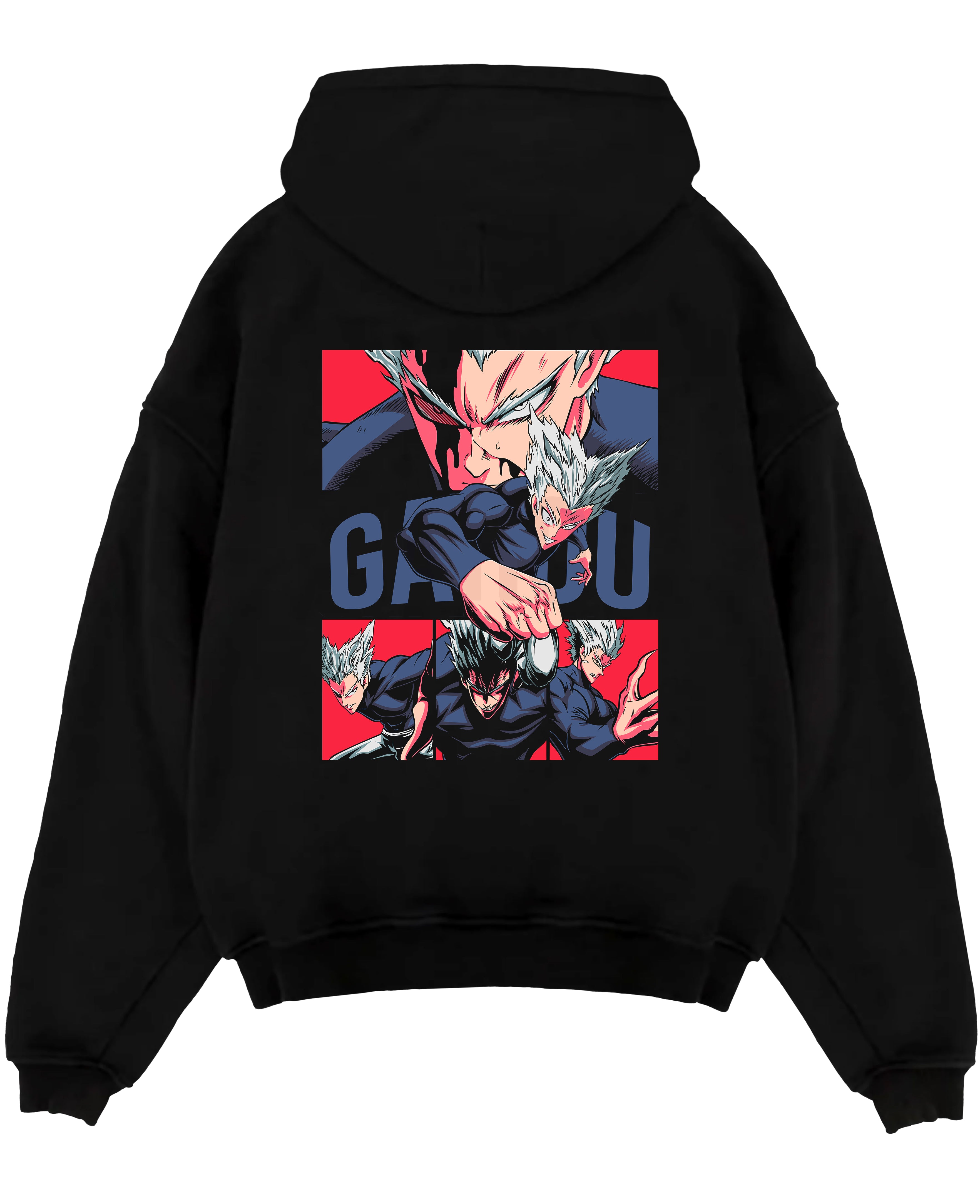 Black pullover hoodie laid flat on white, featuring Garou One Punch Man retro manga panel graphic with bold red backdrop and motion lines.