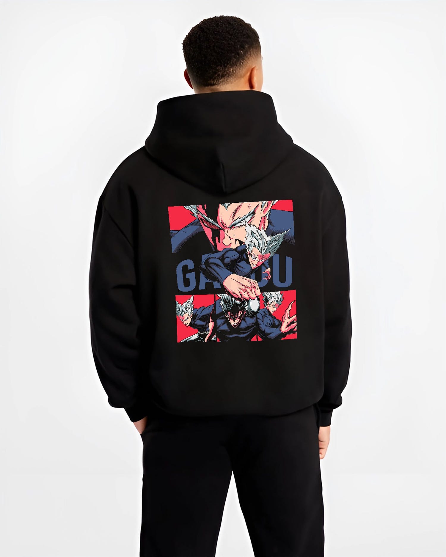 Black hoodie on male model, back view, showing Garou shonen battle character in retro manga panels with striking red background.