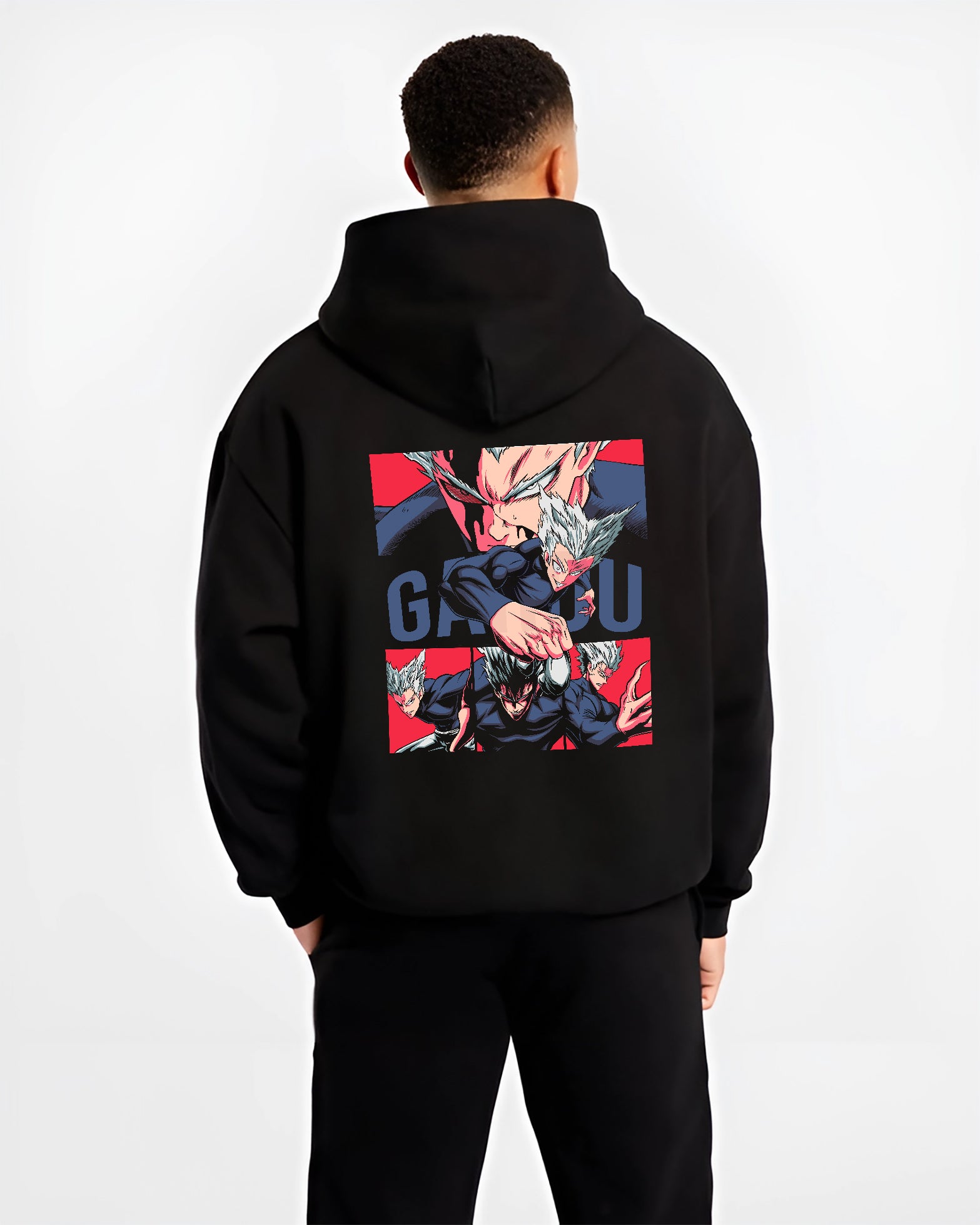 Black hoodie on male model, back view, showing Garou shonen battle character in retro manga panels with striking red background.
