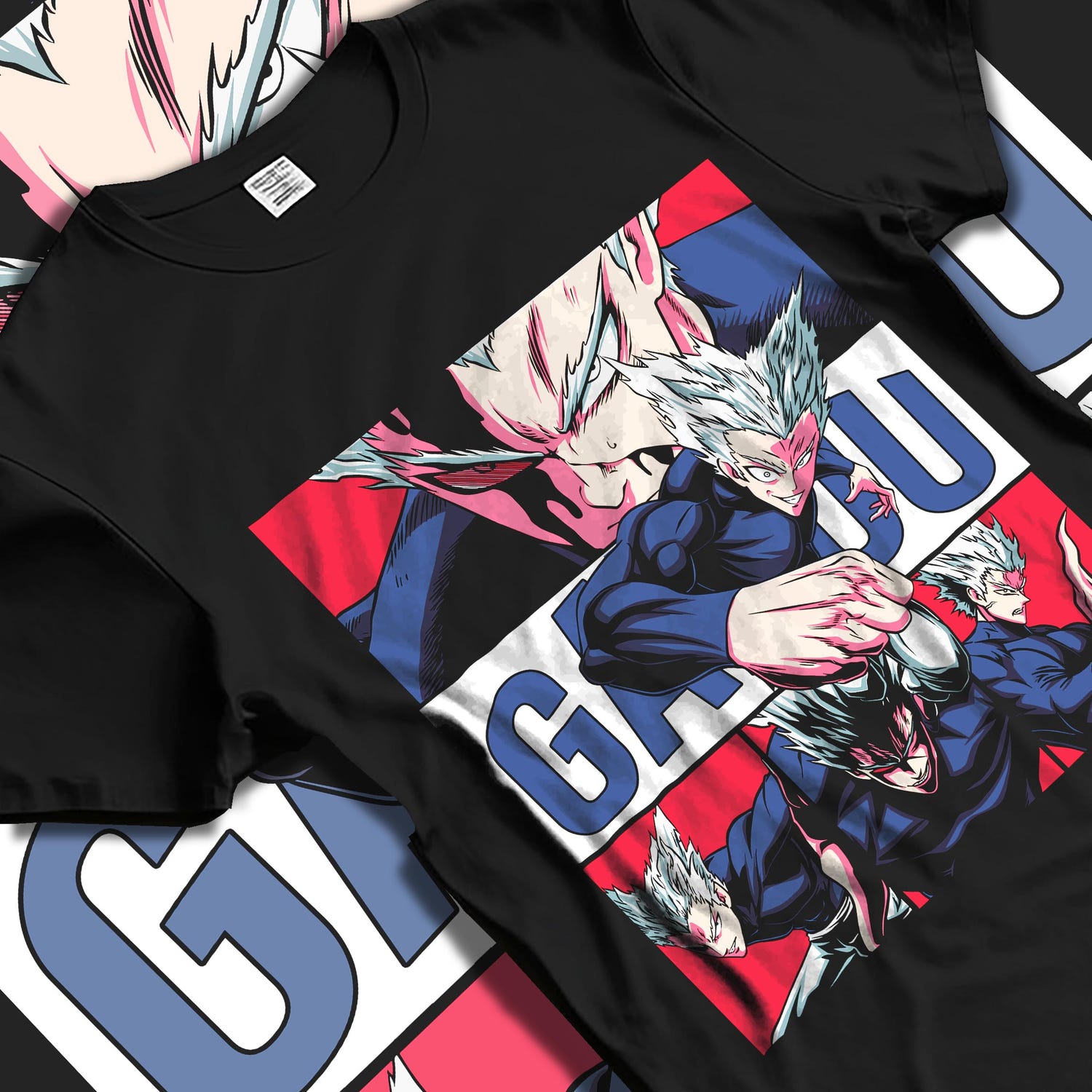 Black T-shirt laid flat with soft folds, featuring Garou One Punch Man anime poster inspired panel artwork in red and black.
