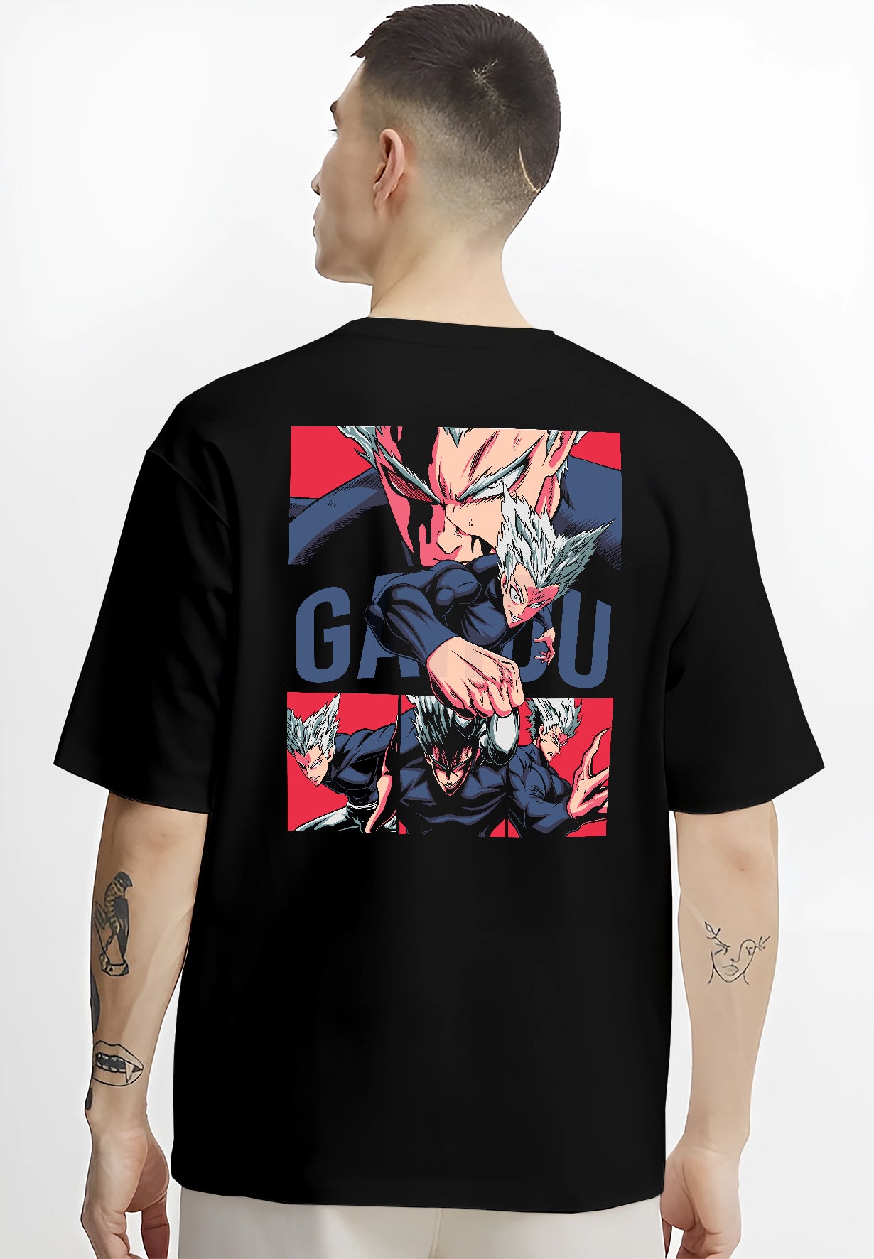 Black T-shirt on male model, back view, Garou retro manga collage with red panels and action pose details.