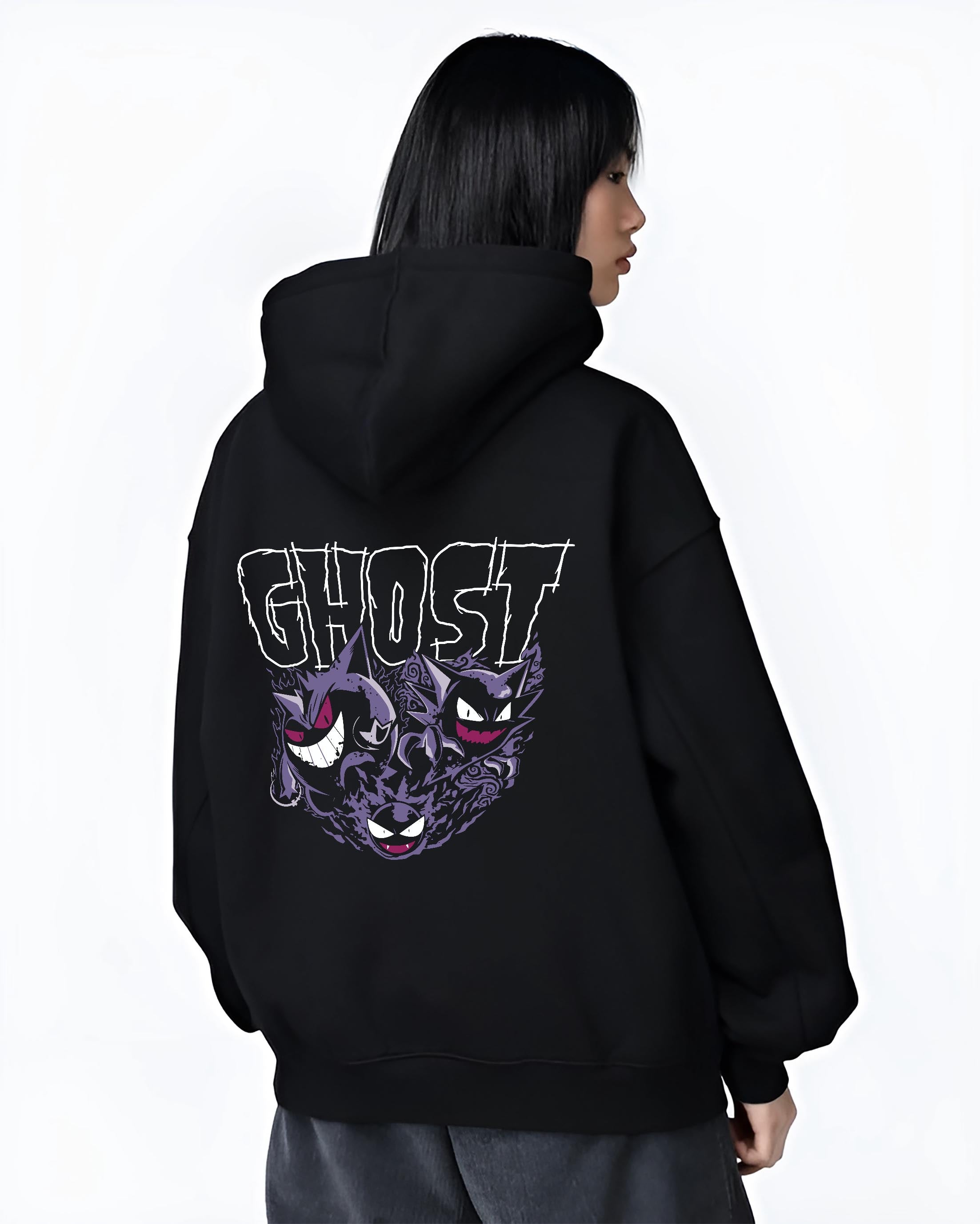 Black hoodie on female model, back view, Gengar, Haunter, Gastly retro game artwork with bold “GHOST” title and swirling purple aura.