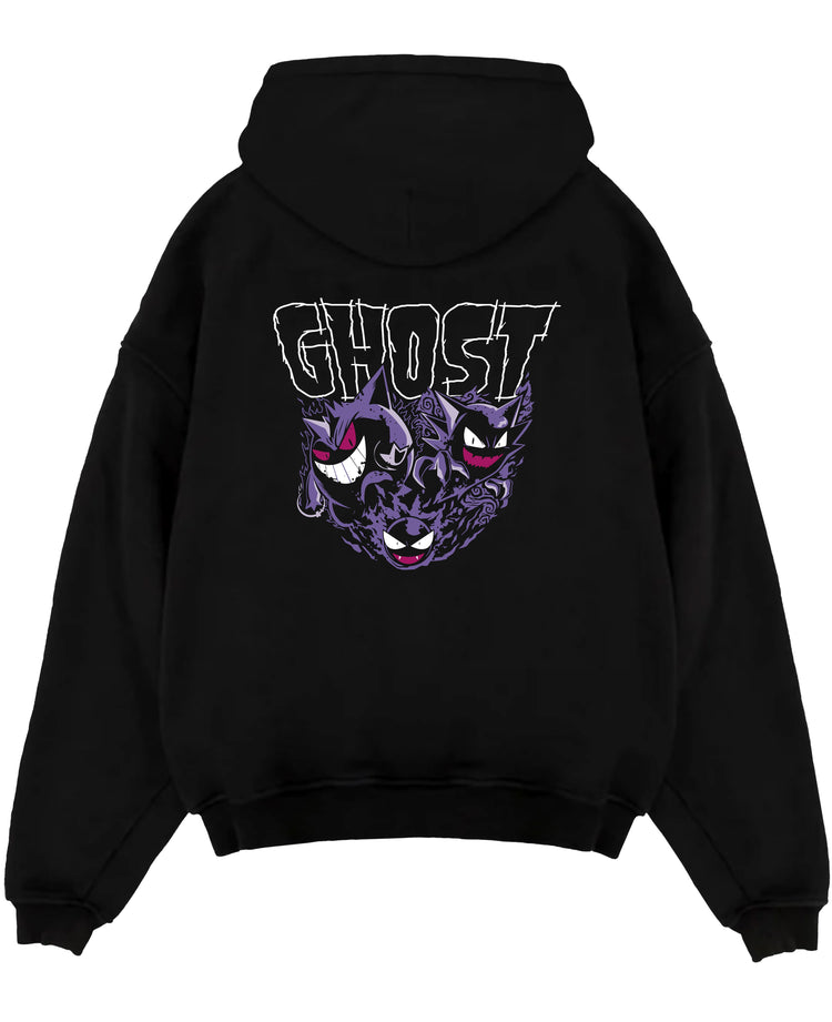 Black pullover hoodie laid flat, featuring Gengar, Haunter, Gastly retro game graphic with “GHOST” lettering and a swirling purple aura.