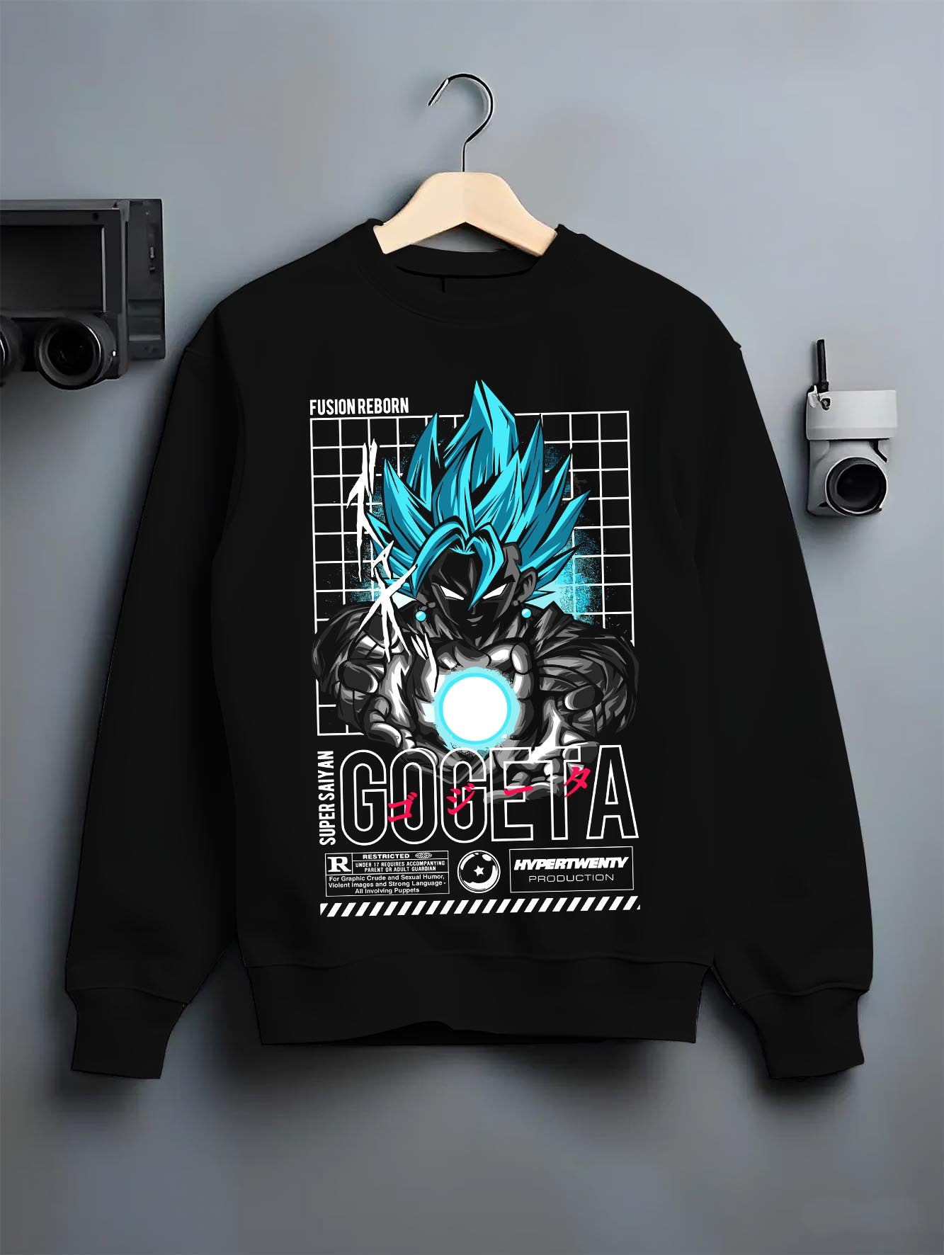 Black crewneck sweatshirt on hanger against grey wall, featuring Gogeta Super Saiyan Blue anime poster back graphic with grid elements.